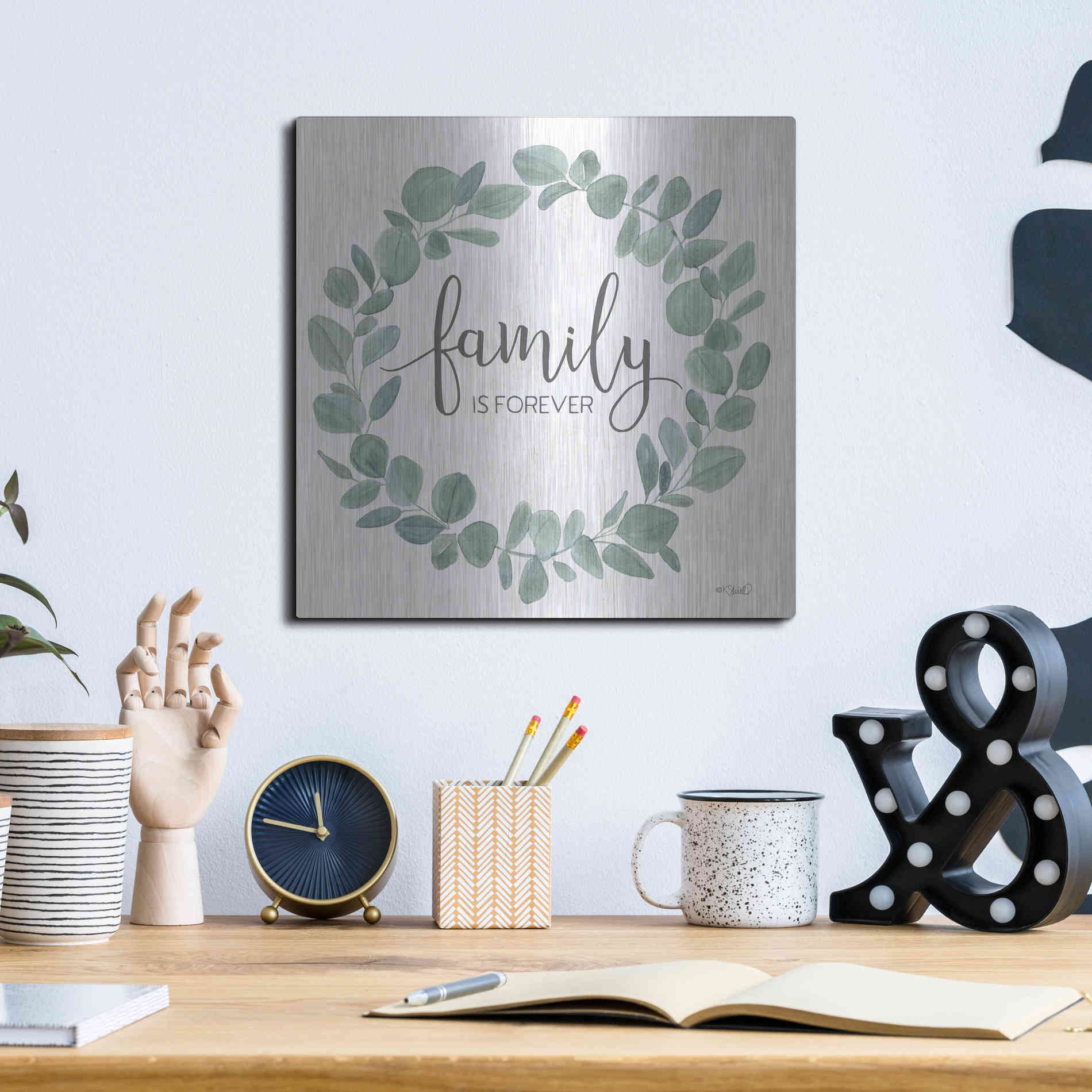 Luxe Metal Art 'Family Forever Eucalyptus Wreath' by Kate Sherrill, Metal Wall Art,12x12