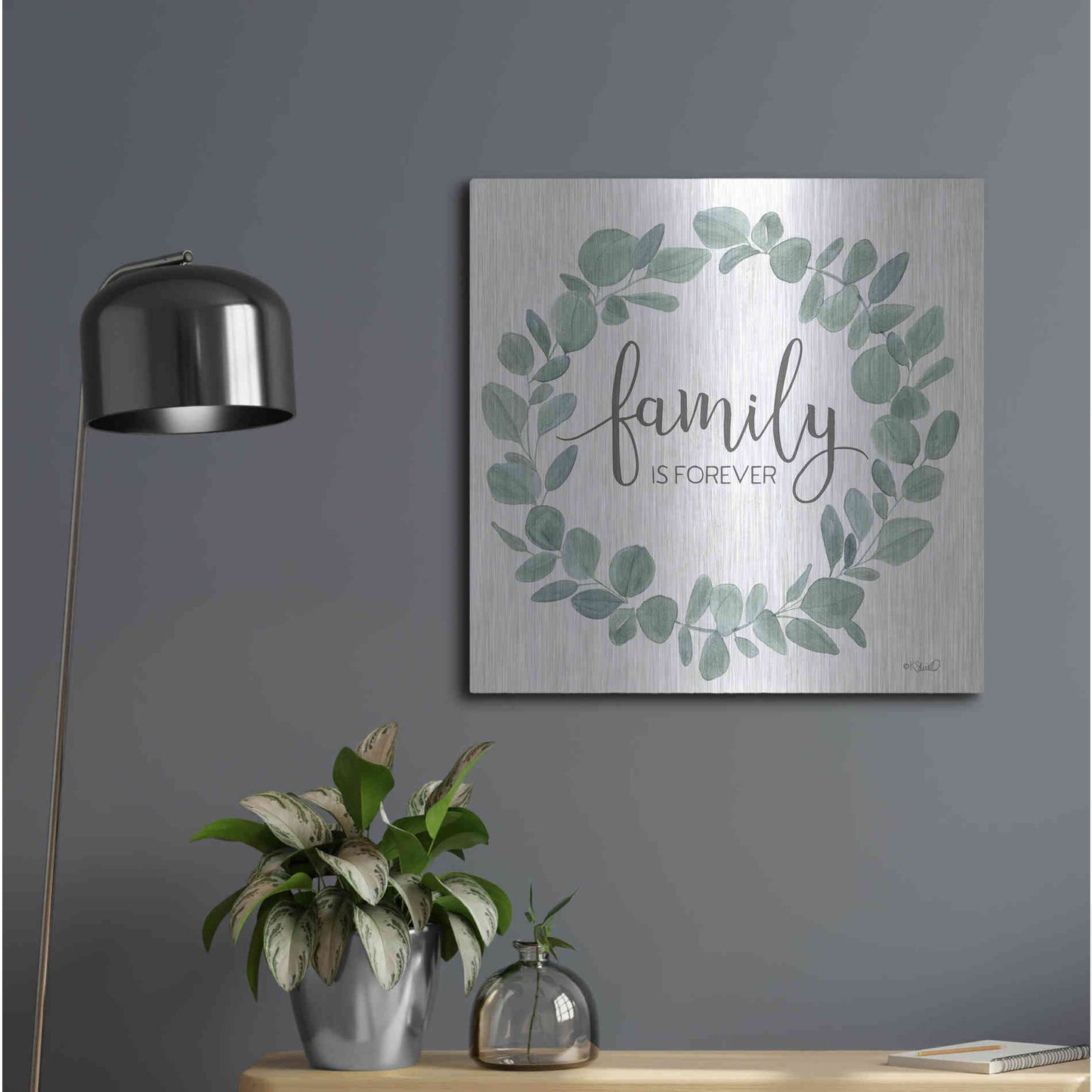 Luxe Metal Art 'Family Forever Eucalyptus Wreath' by Kate Sherrill, Metal Wall Art,24x24