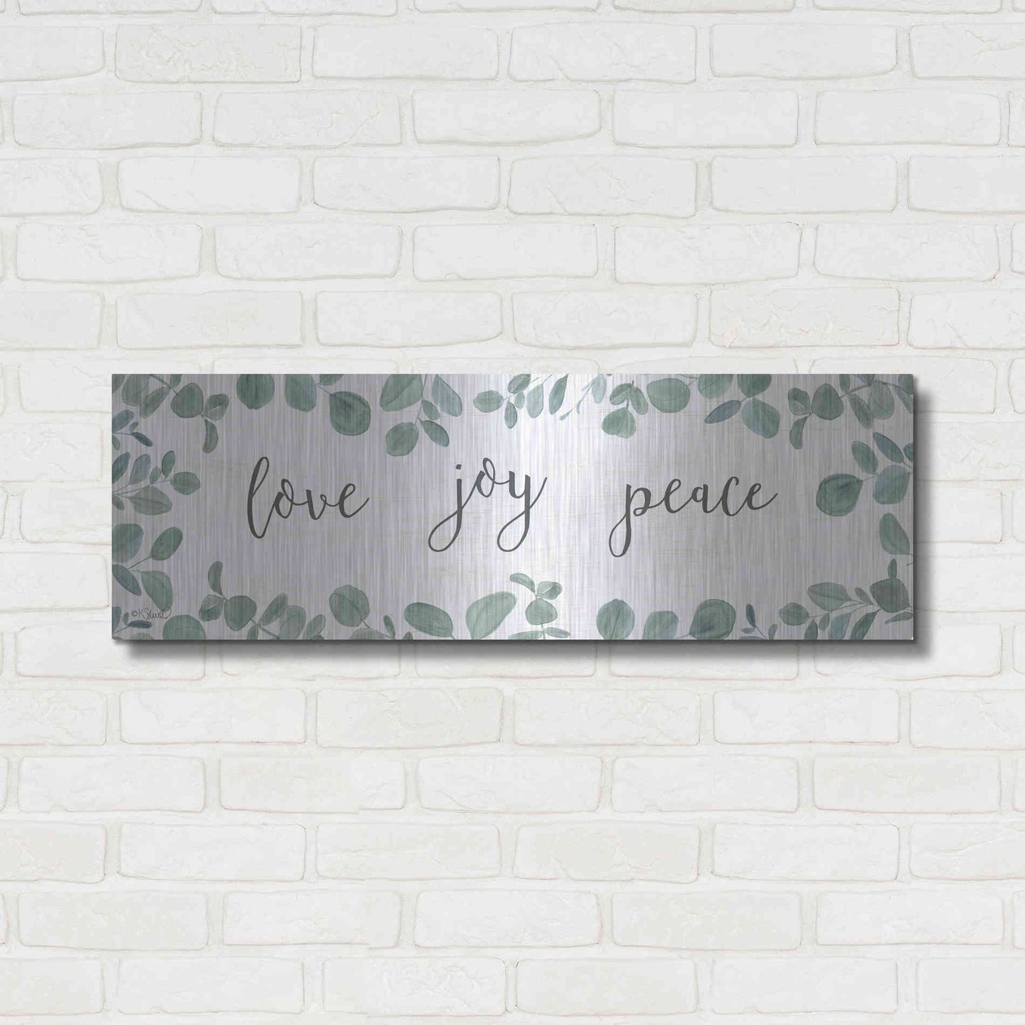 Luxe Metal Art 'Love-Joy-Peace Eucalyptus' by Kate Sherrill, Metal Wall Art,36x12