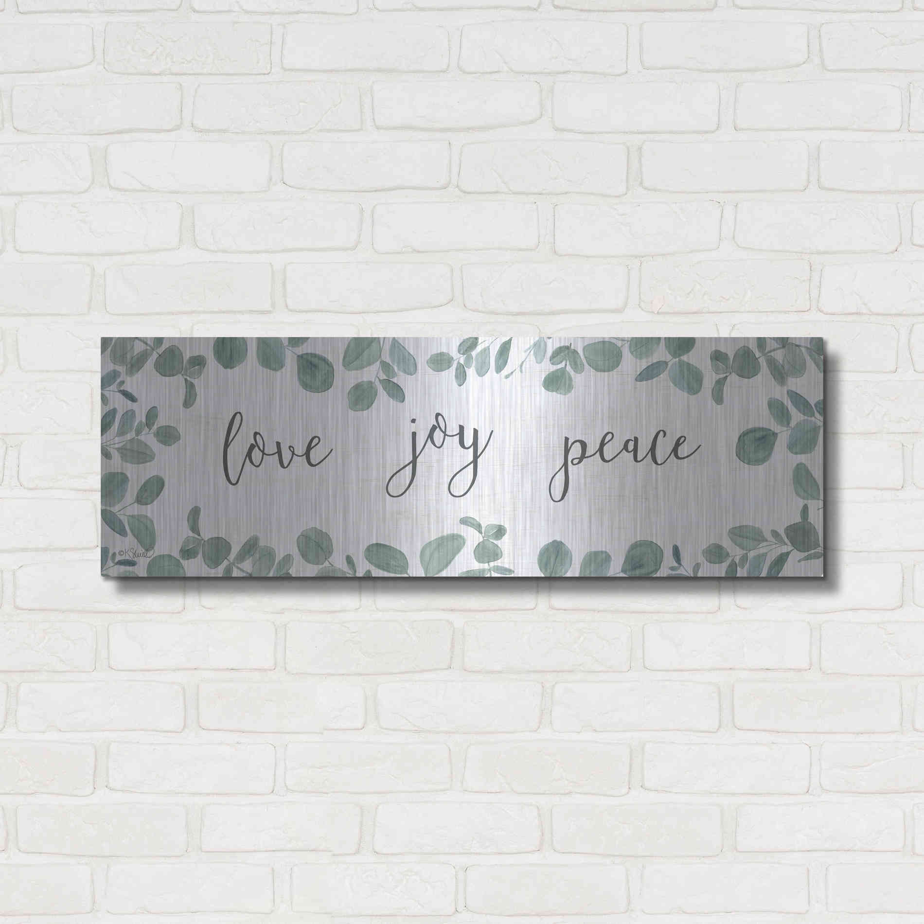 Luxe Metal Art 'Love-Joy-Peace Eucalyptus' by Kate Sherrill, Metal Wall Art,36x12