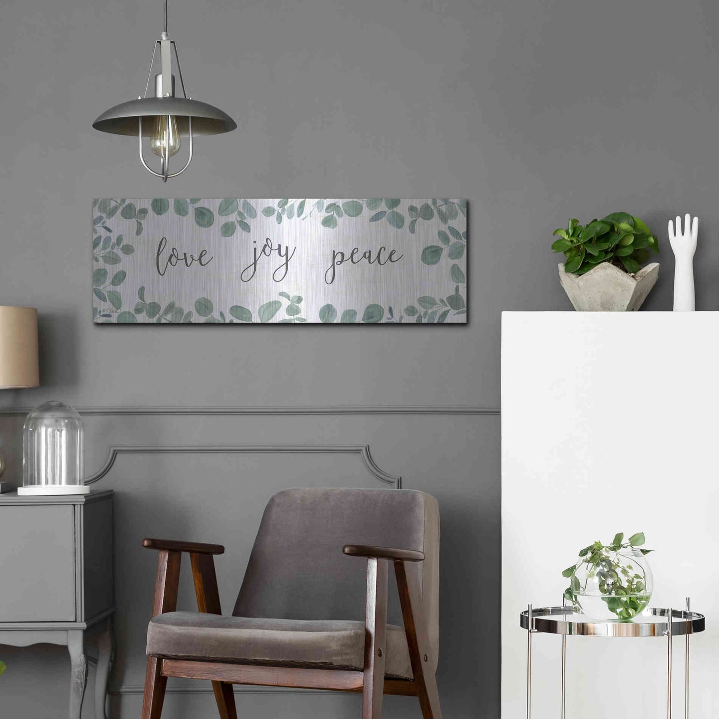 Luxe Metal Art 'Love-Joy-Peace Eucalyptus' by Kate Sherrill, Metal Wall Art,36x12