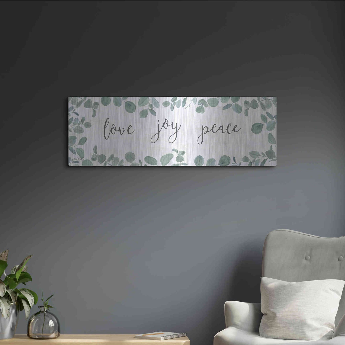 Luxe Metal Art 'Love-Joy-Peace Eucalyptus' by Kate Sherrill, Metal Wall Art,36x12