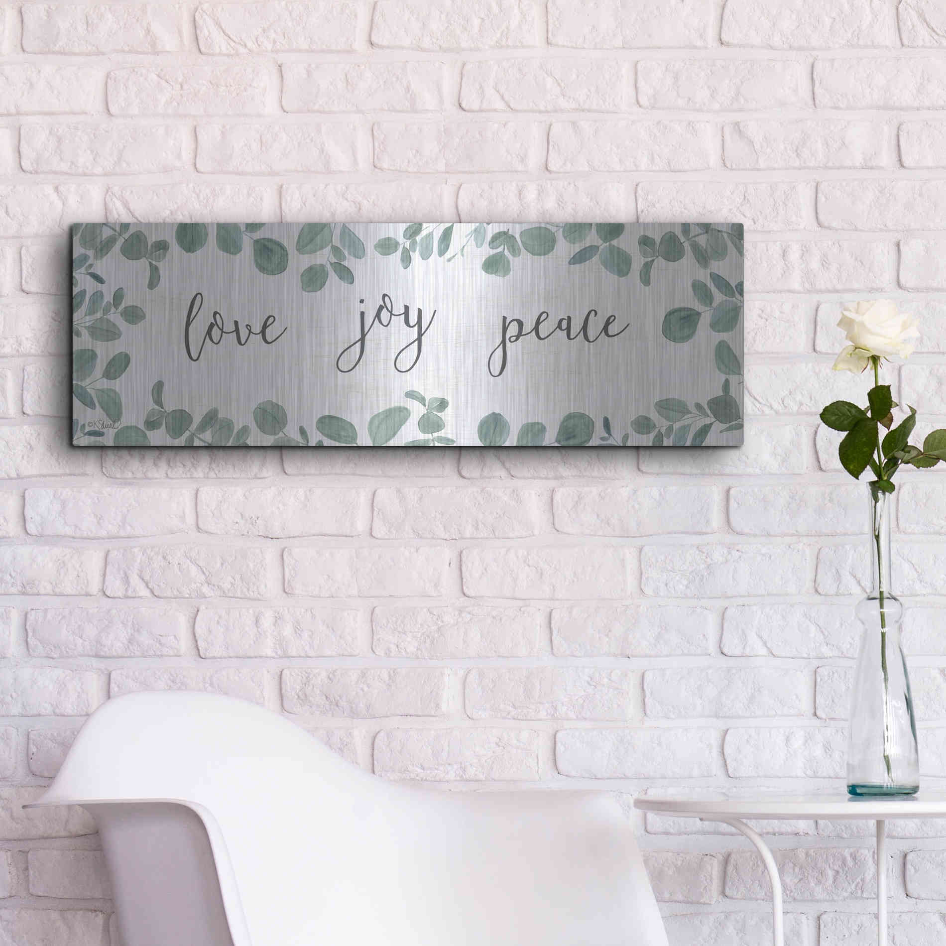 Luxe Metal Art 'Love-Joy-Peace Eucalyptus' by Kate Sherrill, Metal Wall Art,36x12