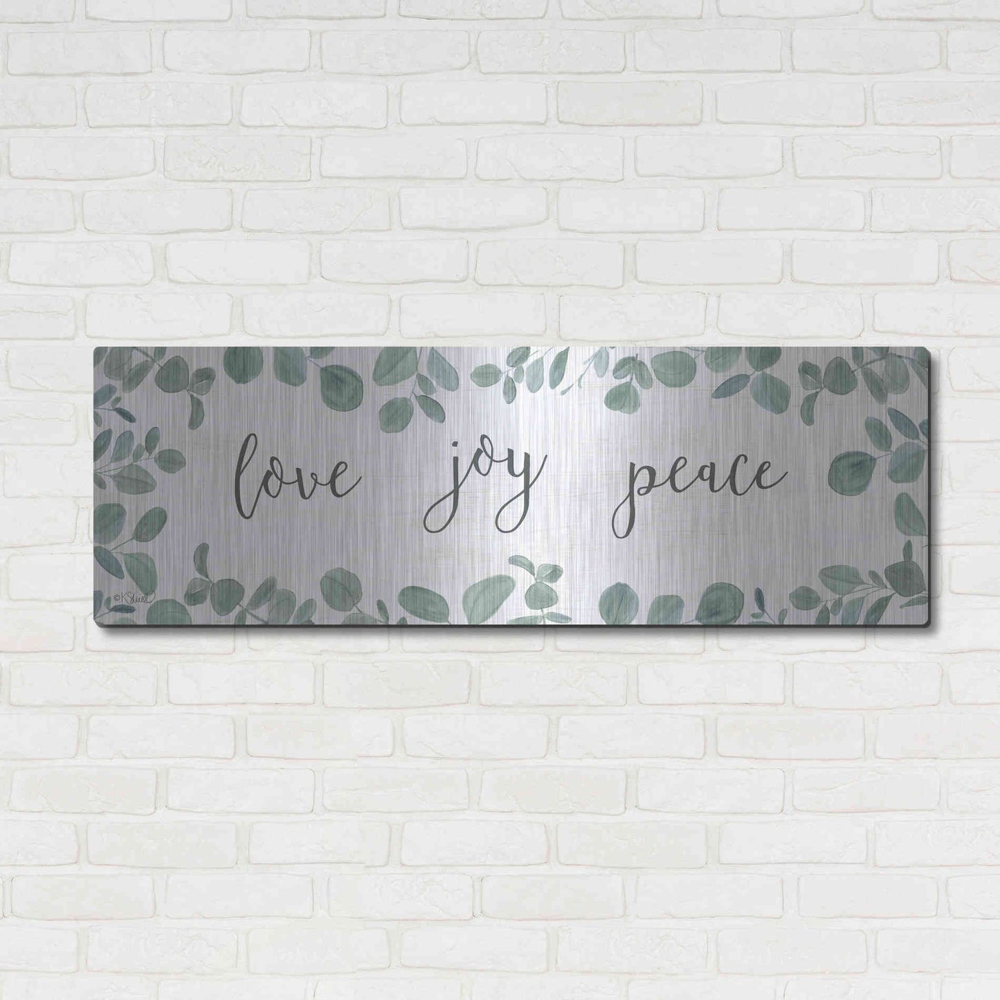 Luxe Metal Art 'Love-Joy-Peace Eucalyptus' by Kate Sherrill, Metal Wall Art,48x16