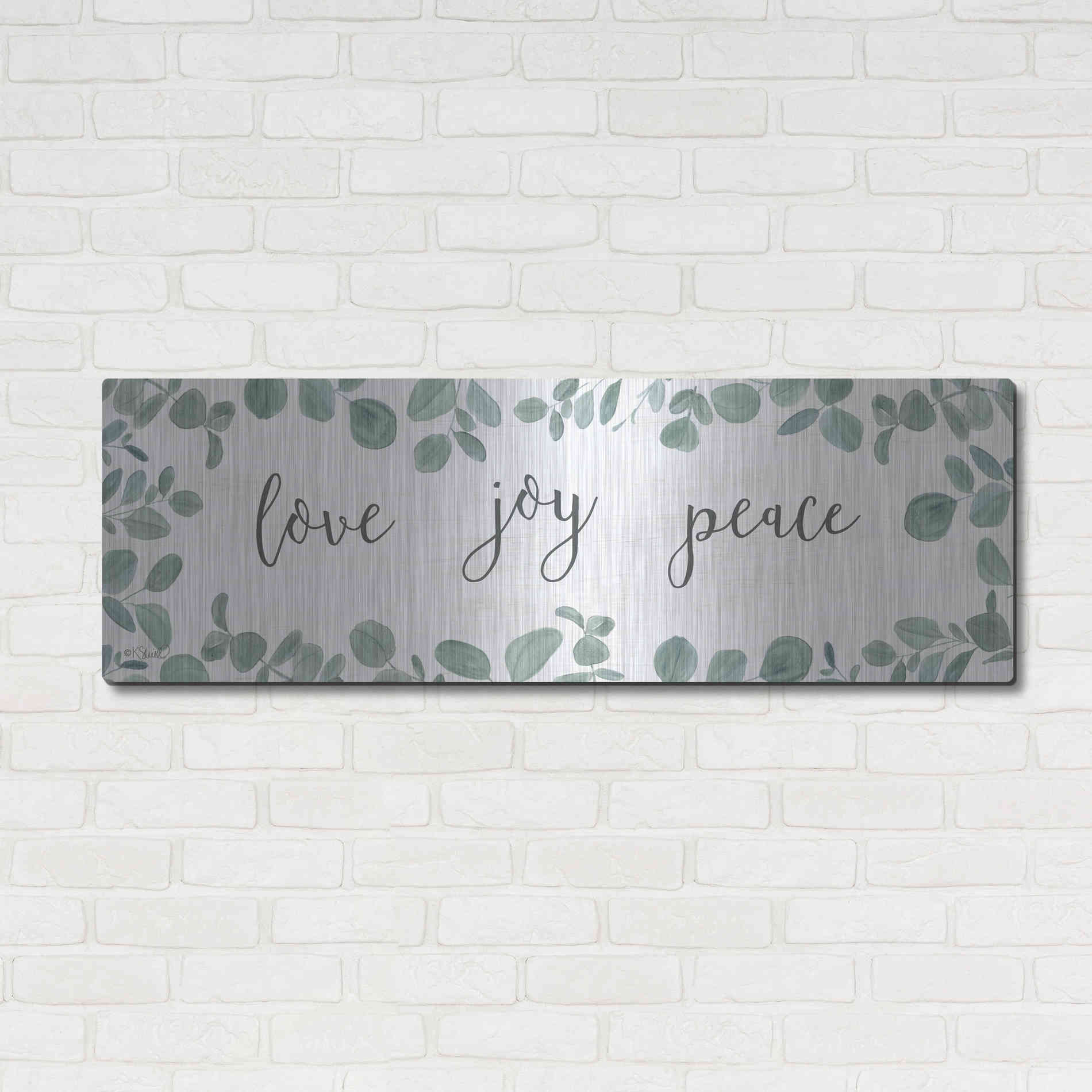 Luxe Metal Art 'Love-Joy-Peace Eucalyptus' by Kate Sherrill, Metal Wall Art,48x16