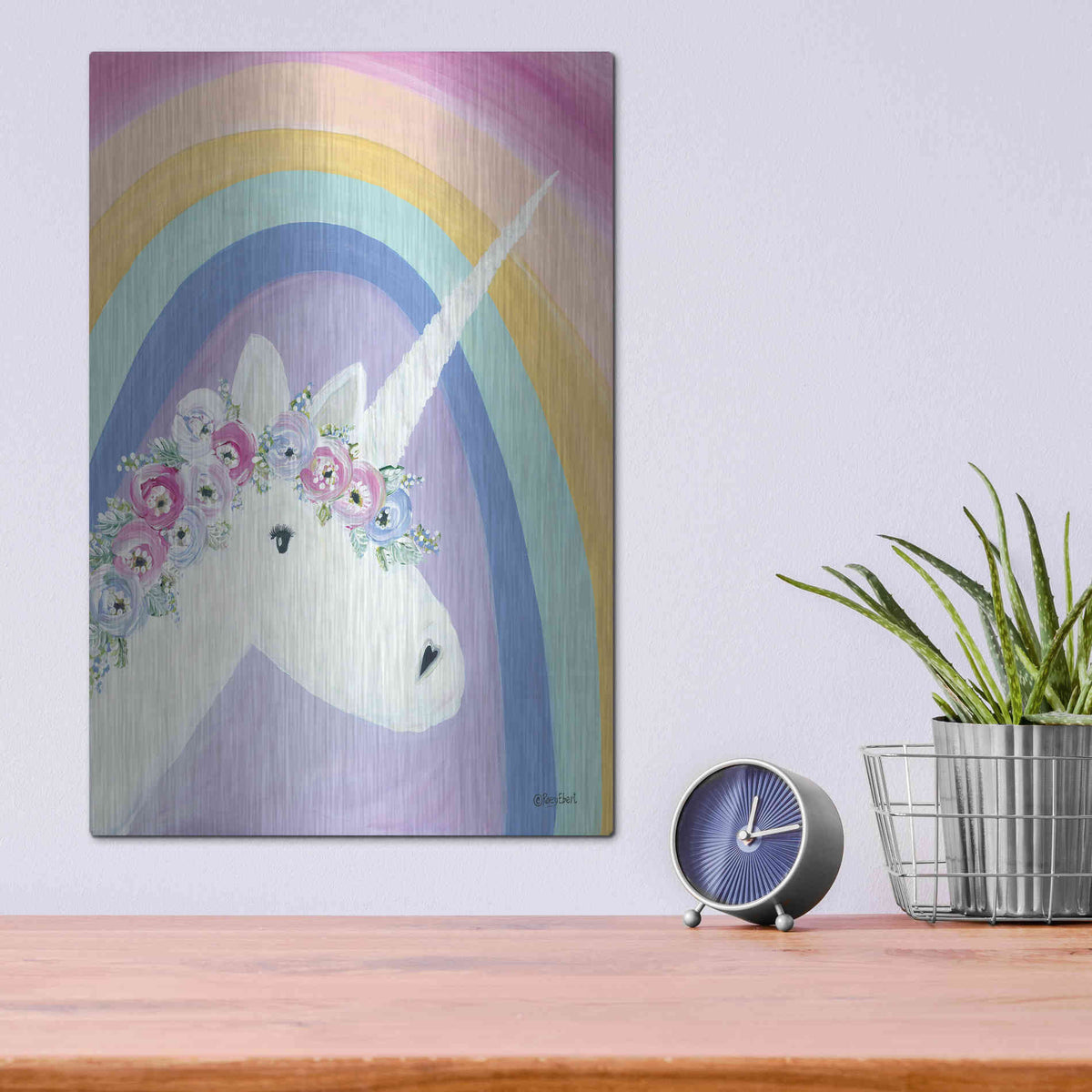 Luxe Metal Art 'Floral Unicorn I' by Roey Ebert, Metal Wall Art,12x16