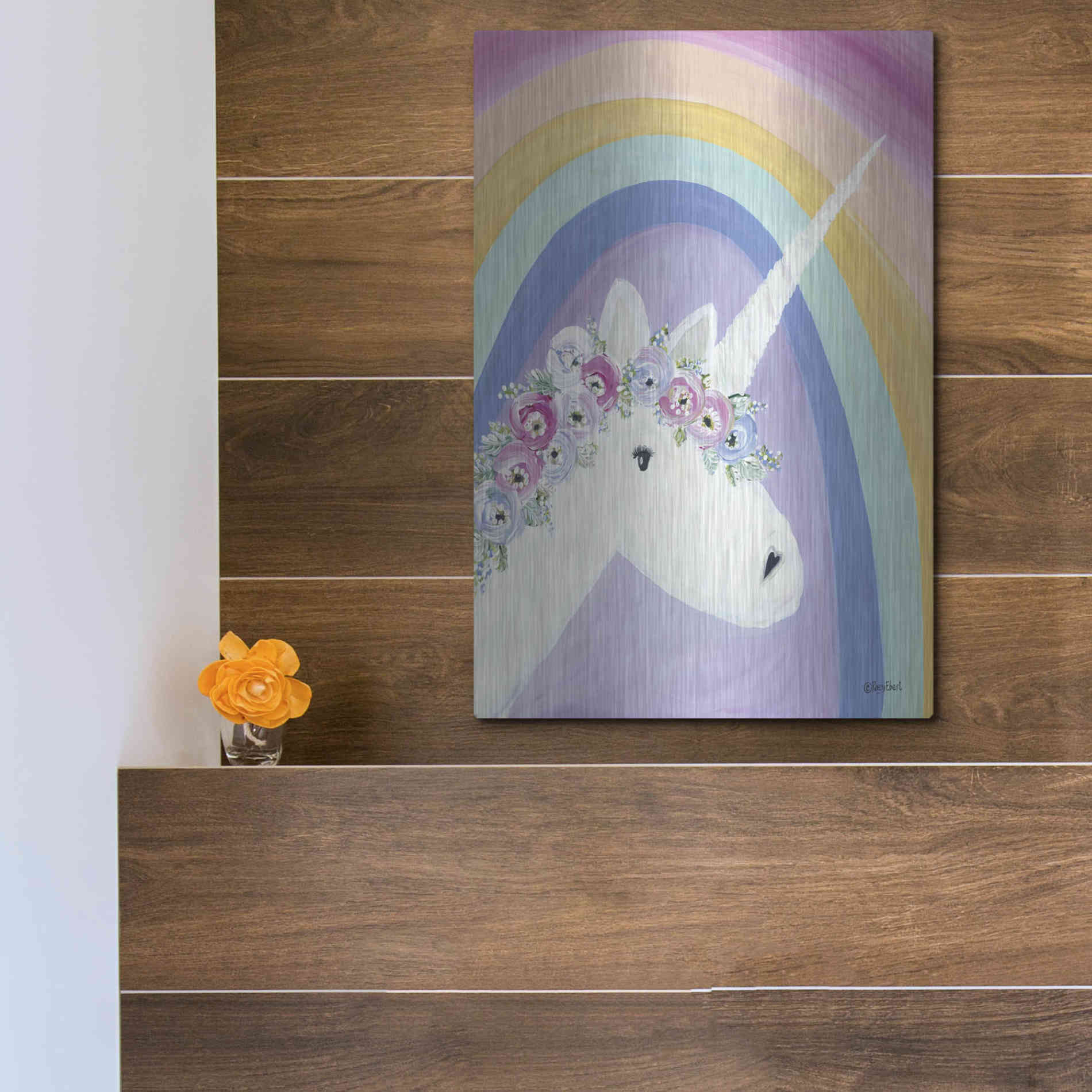 Luxe Metal Art 'Floral Unicorn I' by Roey Ebert, Metal Wall Art,12x16
