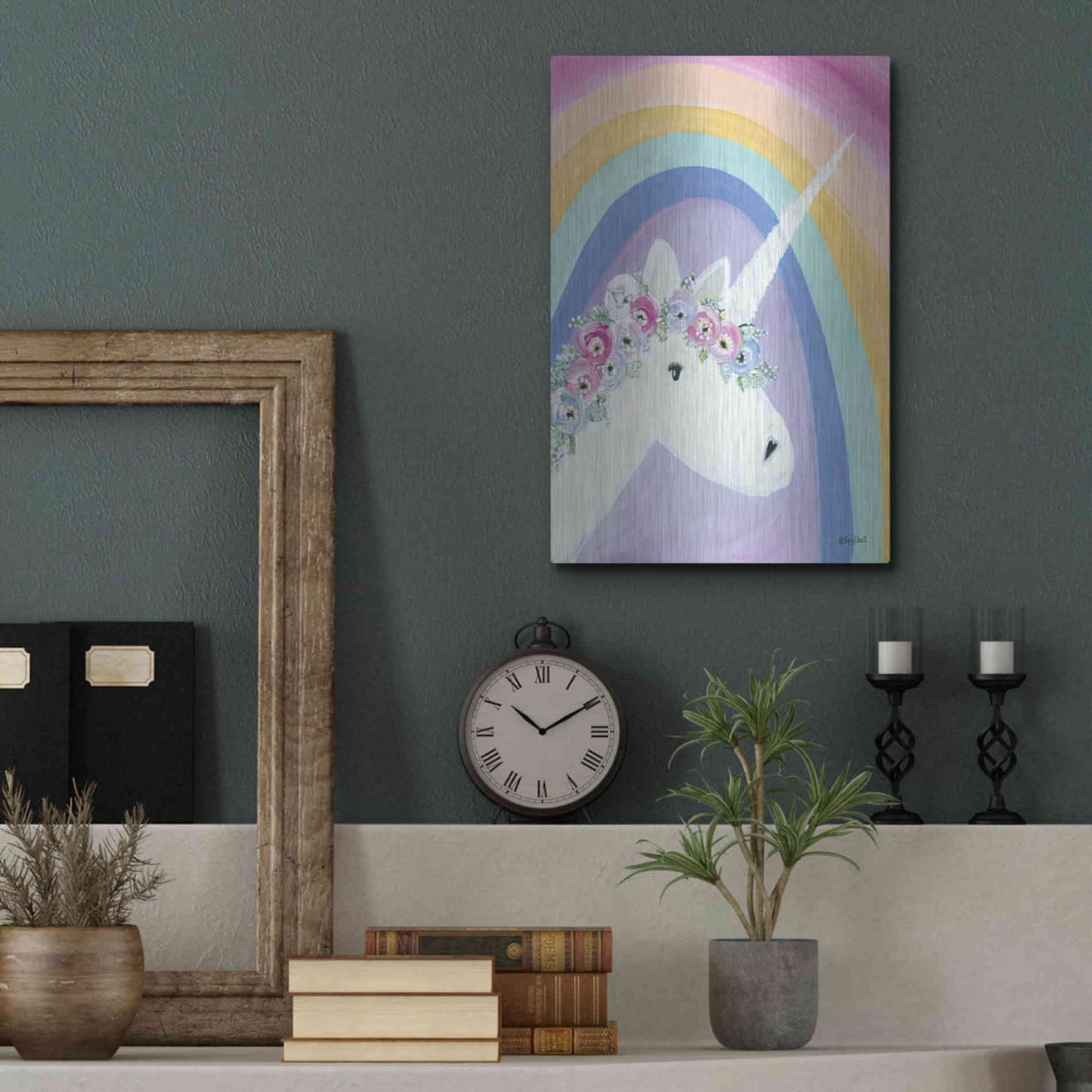 Luxe Metal Art 'Floral Unicorn I' by Roey Ebert, Metal Wall Art,12x16