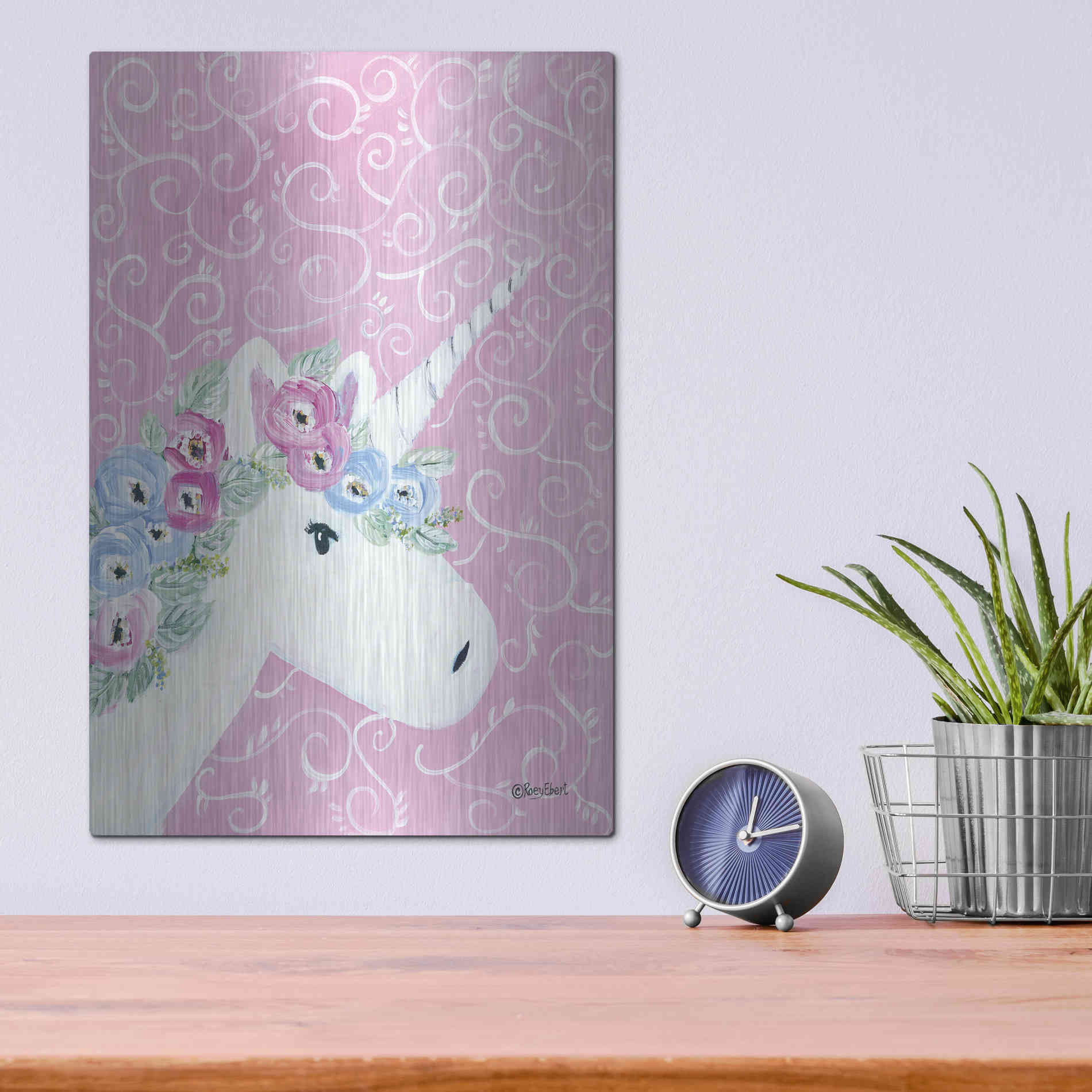 Luxe Metal Art 'Floral Unicorn II' by Roey Ebert, Metal Wall Art,12x16