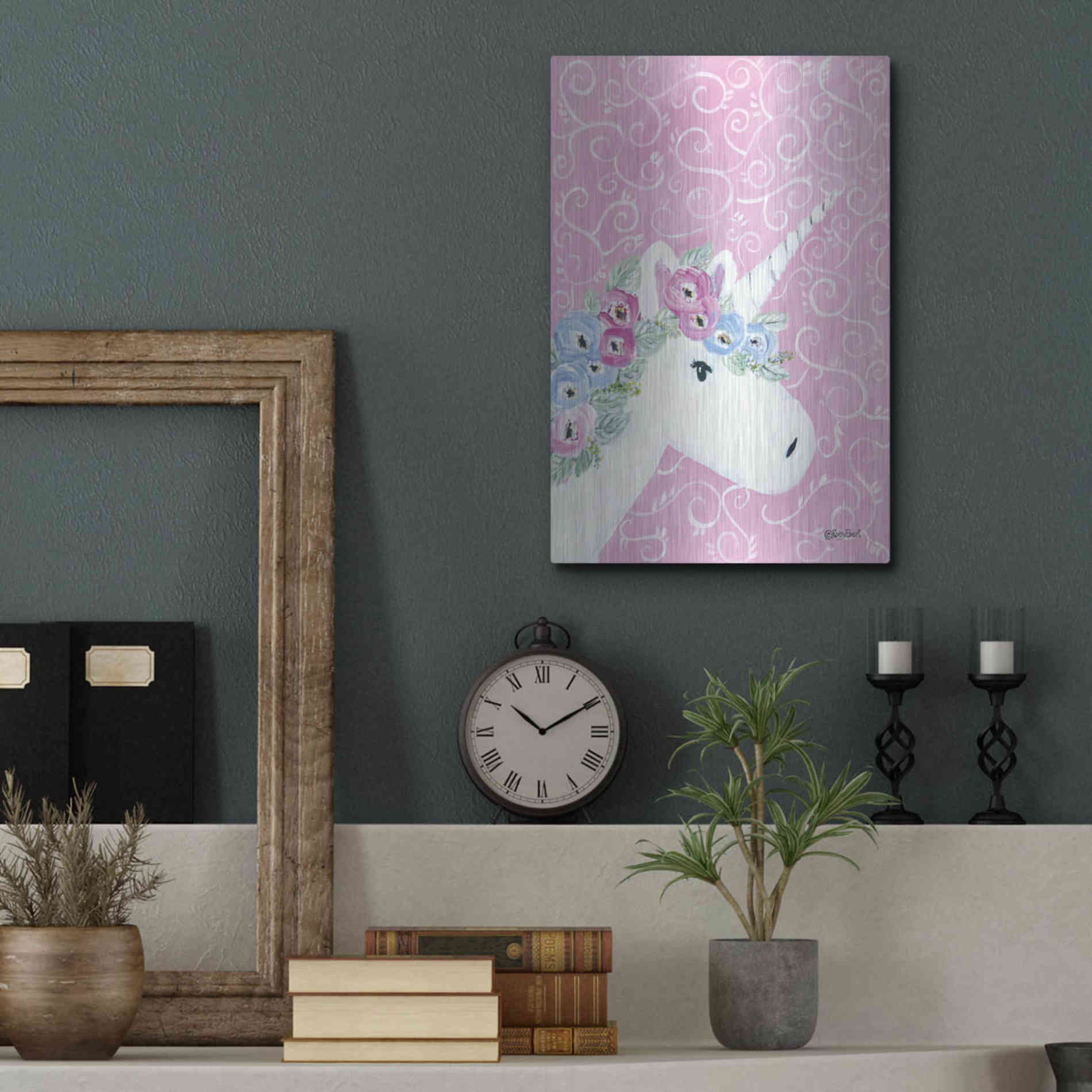 Luxe Metal Art 'Floral Unicorn II' by Roey Ebert, Metal Wall Art,12x16