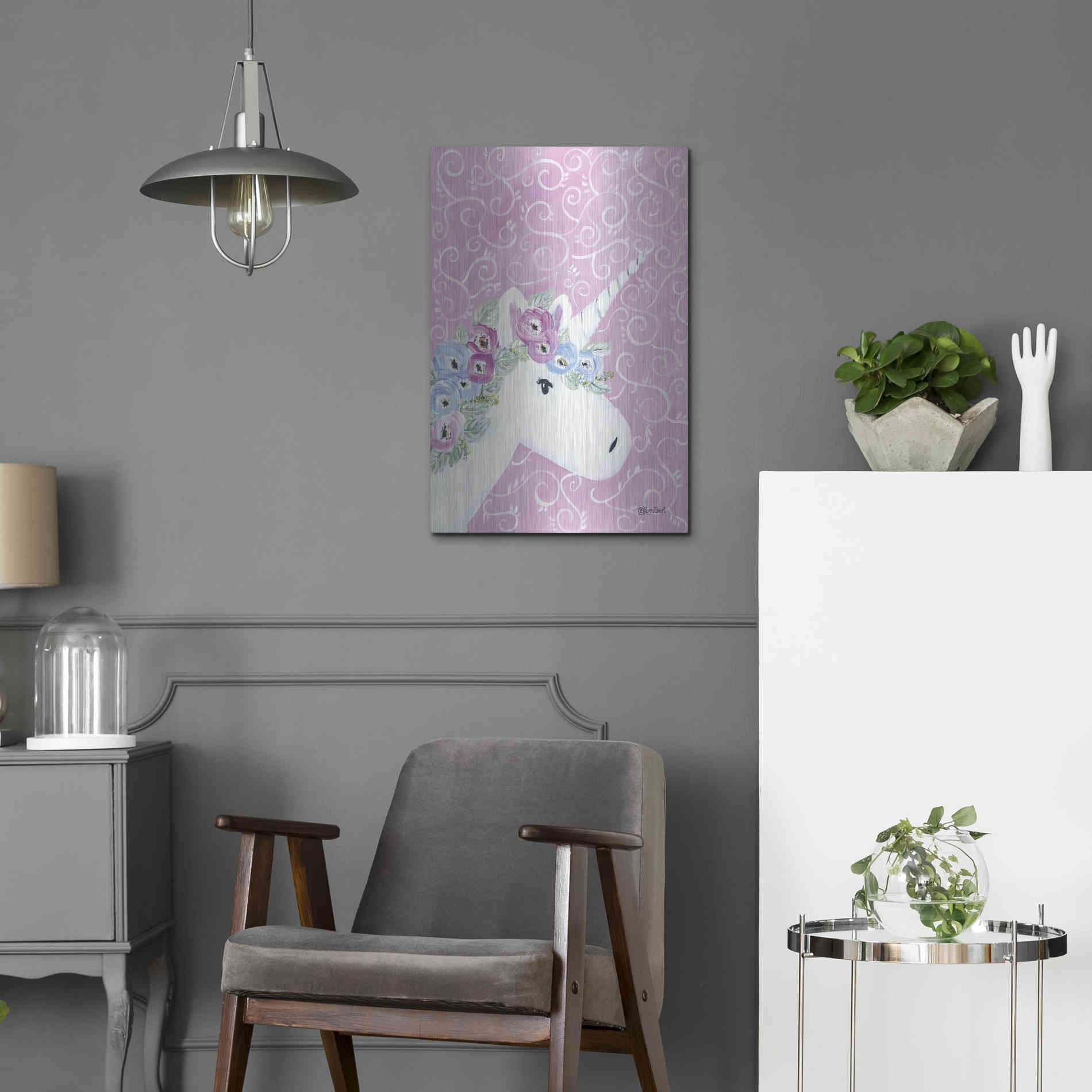 Luxe Metal Art 'Floral Unicorn II' by Roey Ebert, Metal Wall Art,16x24