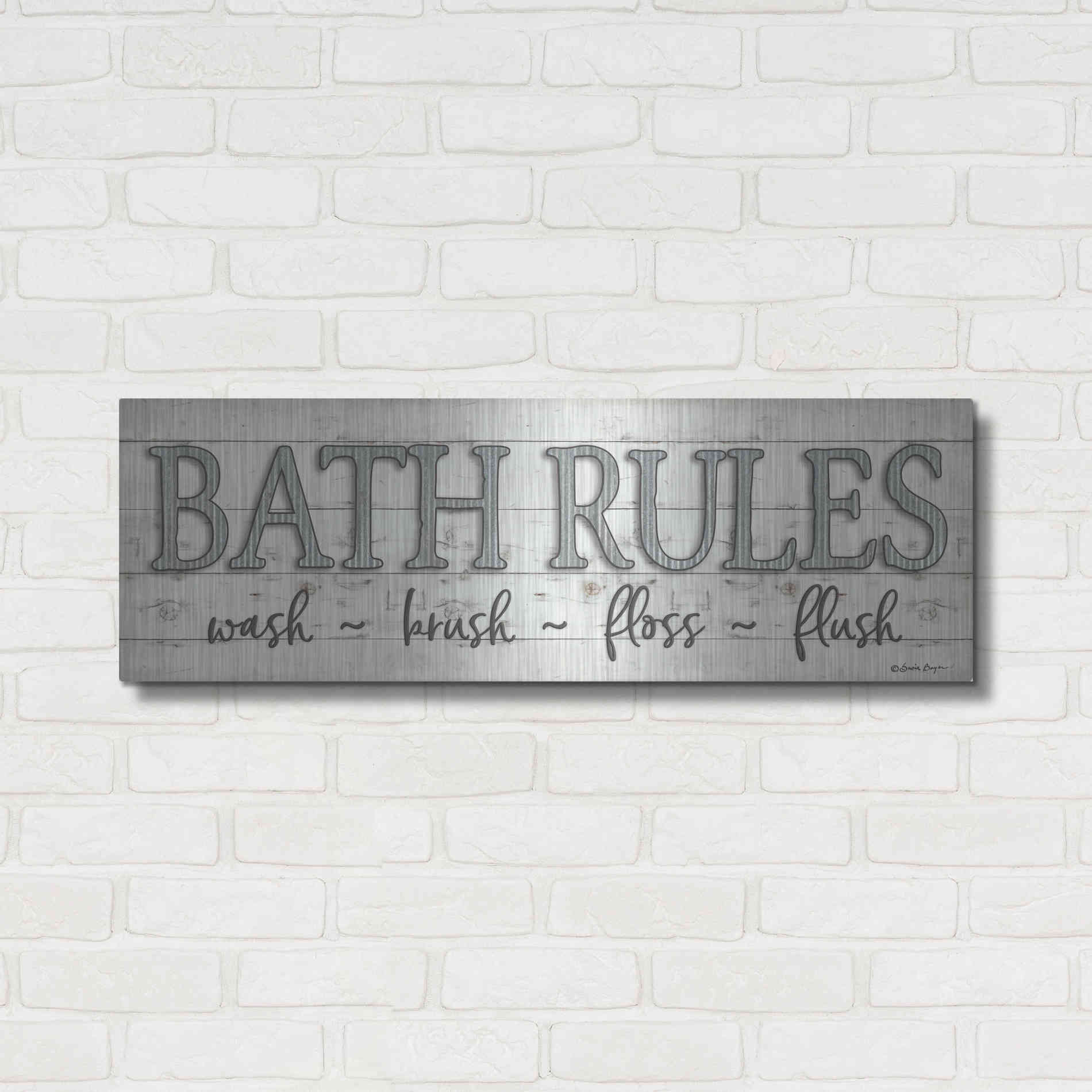Luxe Metal Art 'Bath Rules' by Susie Boyer, Metal Wall Art,36x12