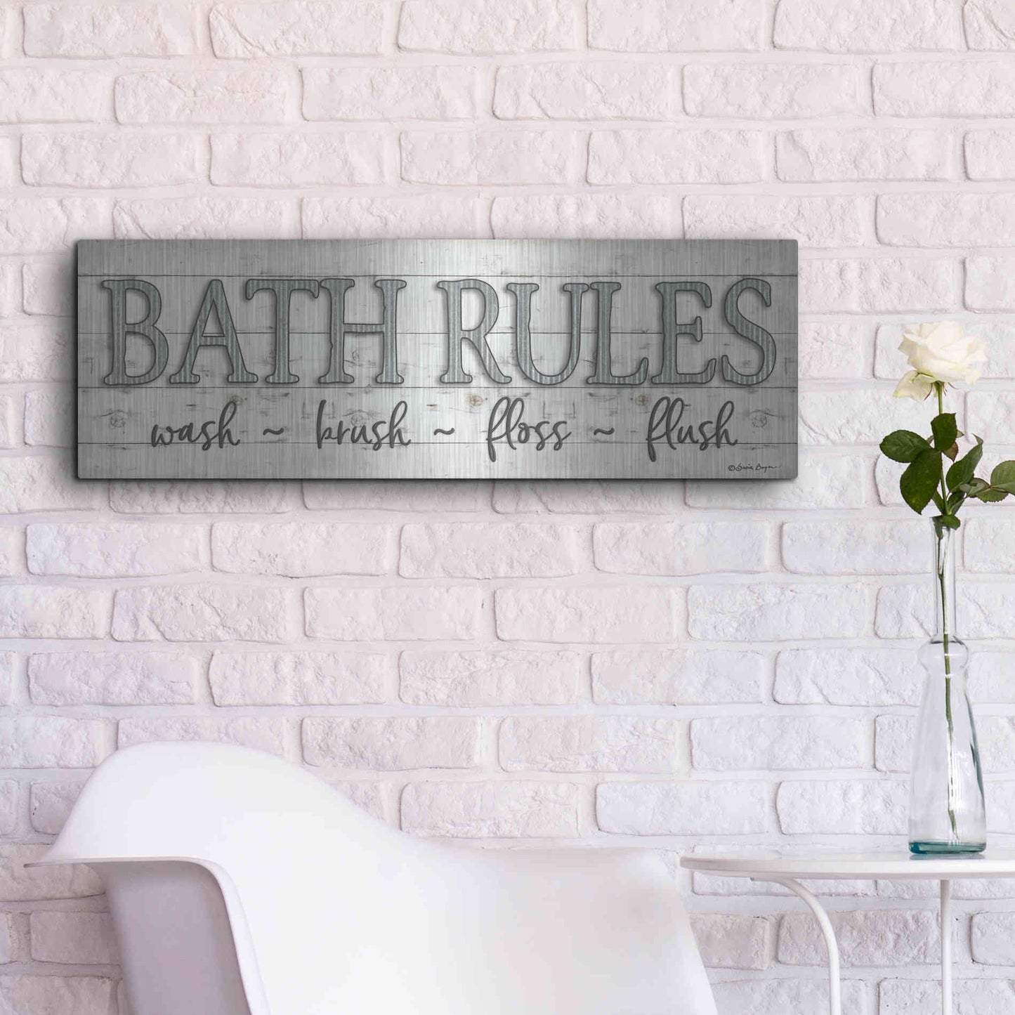 Luxe Metal Art 'Bath Rules' by Susie Boyer, Metal Wall Art,36x12