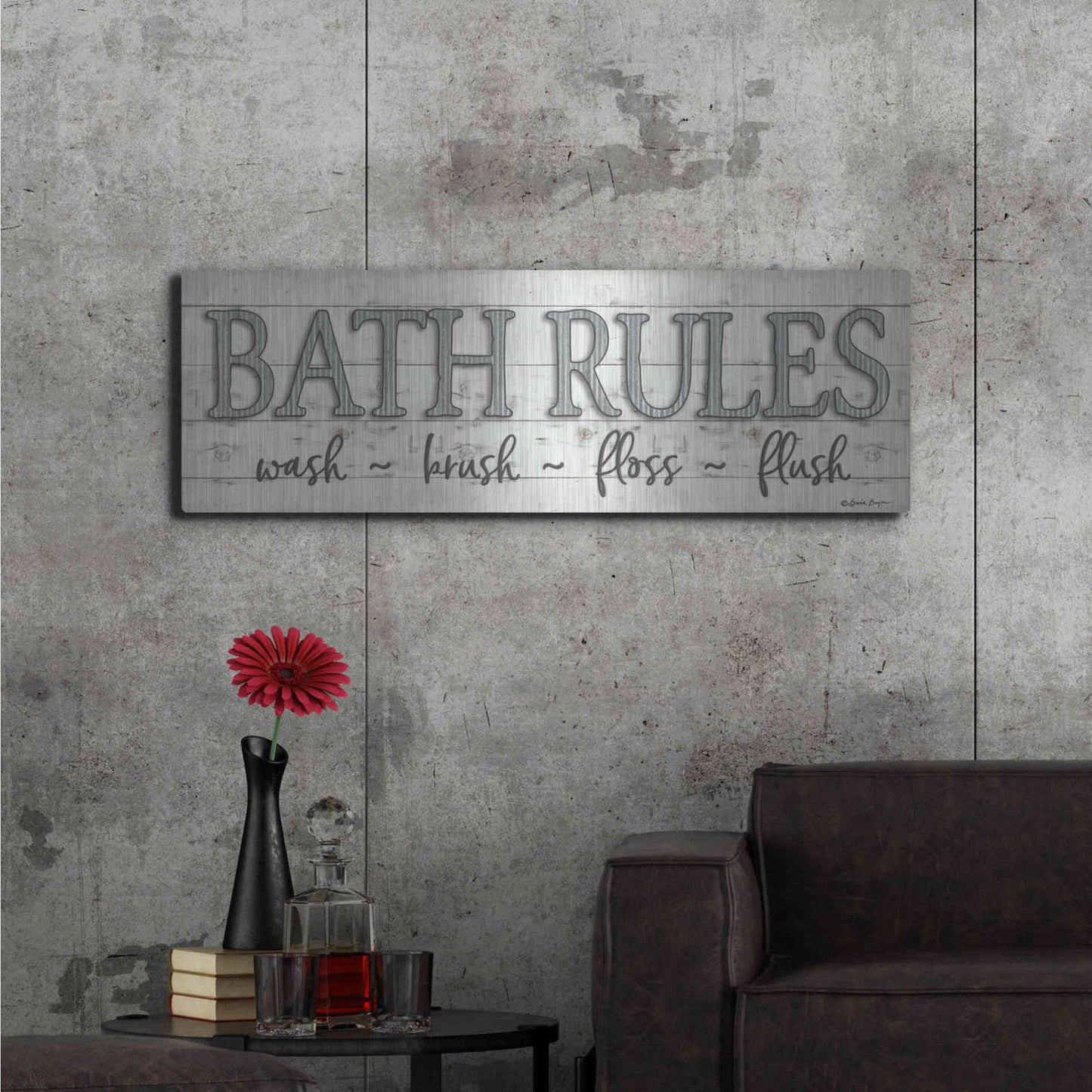 Luxe Metal Art 'Bath Rules' by Susie Boyer, Metal Wall Art,48x16
