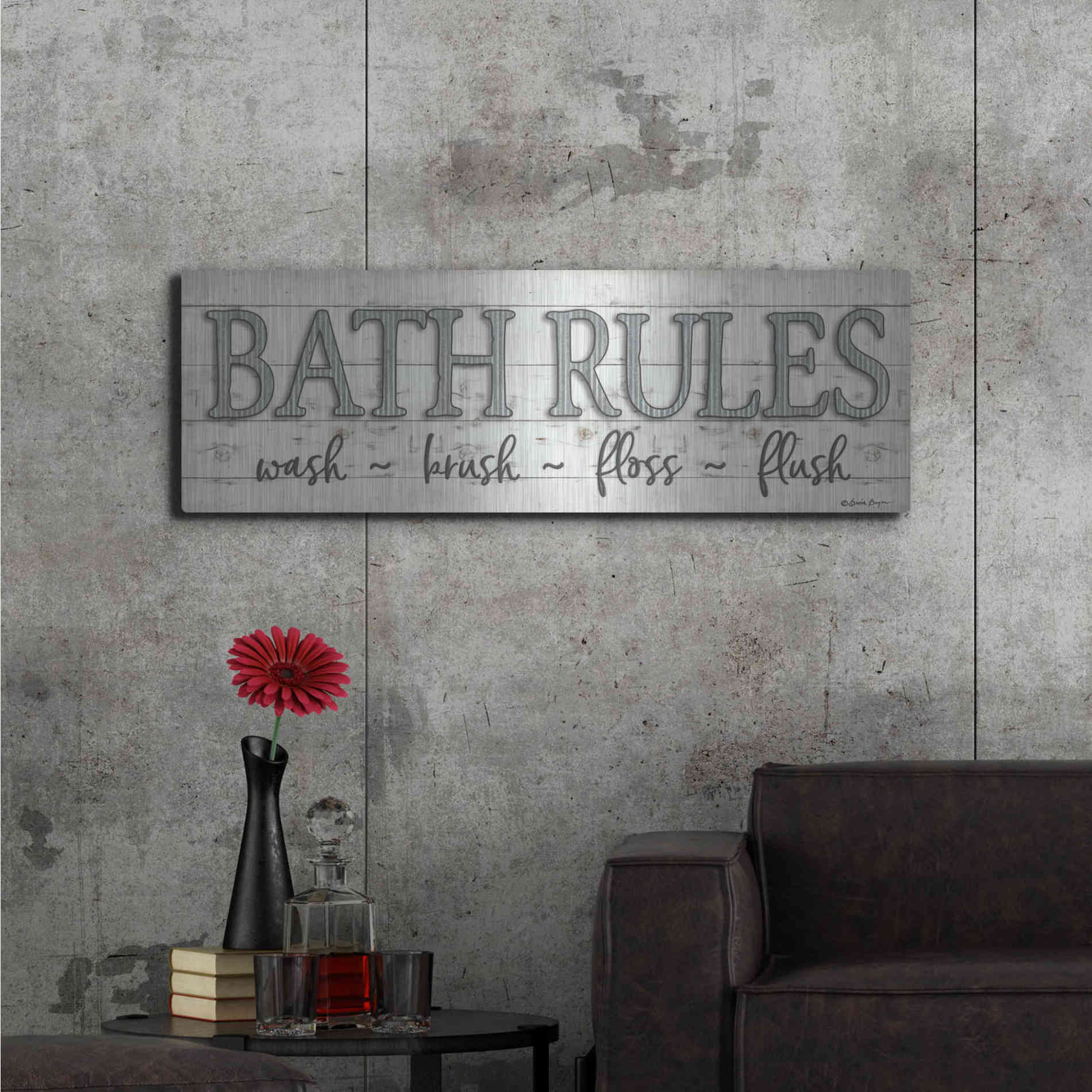 Luxe Metal Art 'Bath Rules' by Susie Boyer, Metal Wall Art,48x16