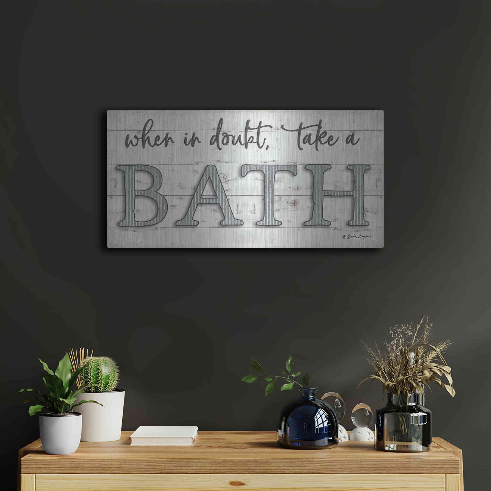 Luxe Metal Art 'When in Doubt Take a Bath' by Susie Boyer, Metal Wall Art,24x12