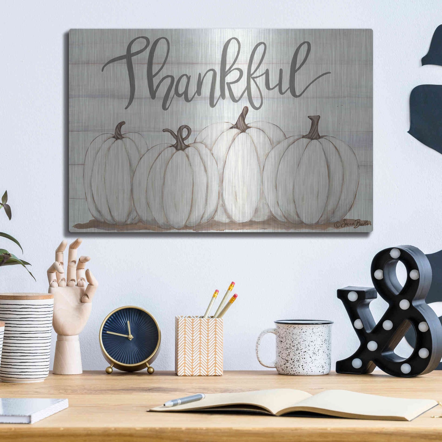 Luxe Metal Art 'Thankful Pumpkins' by Sara Baker, Metal Wall Art,16x12