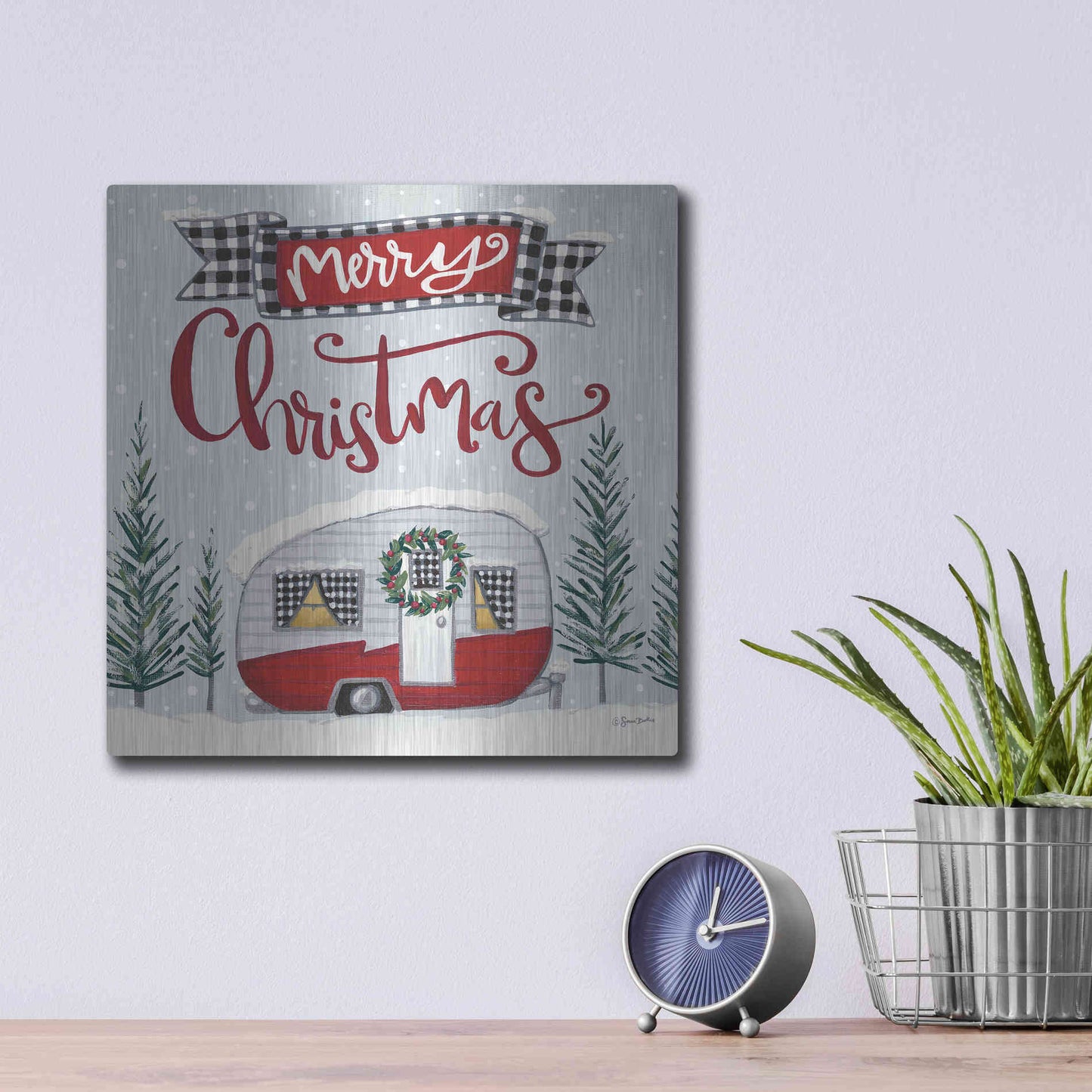 Luxe Metal Art 'Merry Christmas Camper' by Sara Baker, Metal Wall Art,12x12