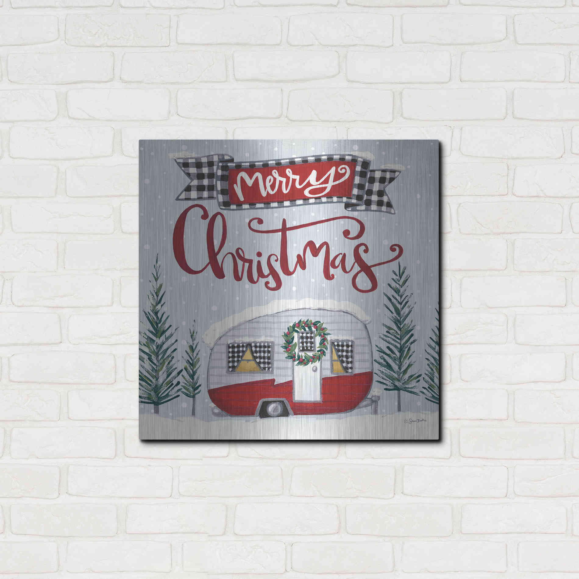 Luxe Metal Art 'Merry Christmas Camper' by Sara Baker, Metal Wall Art,24x24