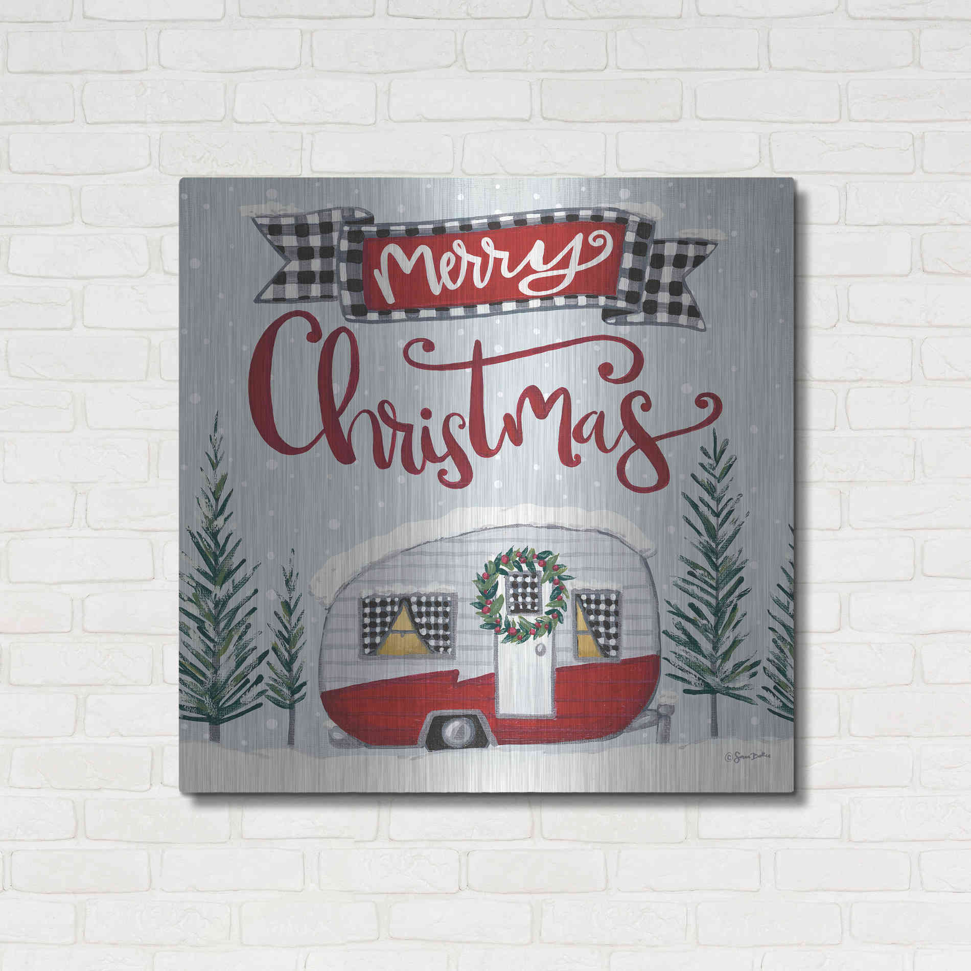 Luxe Metal Art 'Merry Christmas Camper' by Sara Baker, Metal Wall Art,36x36