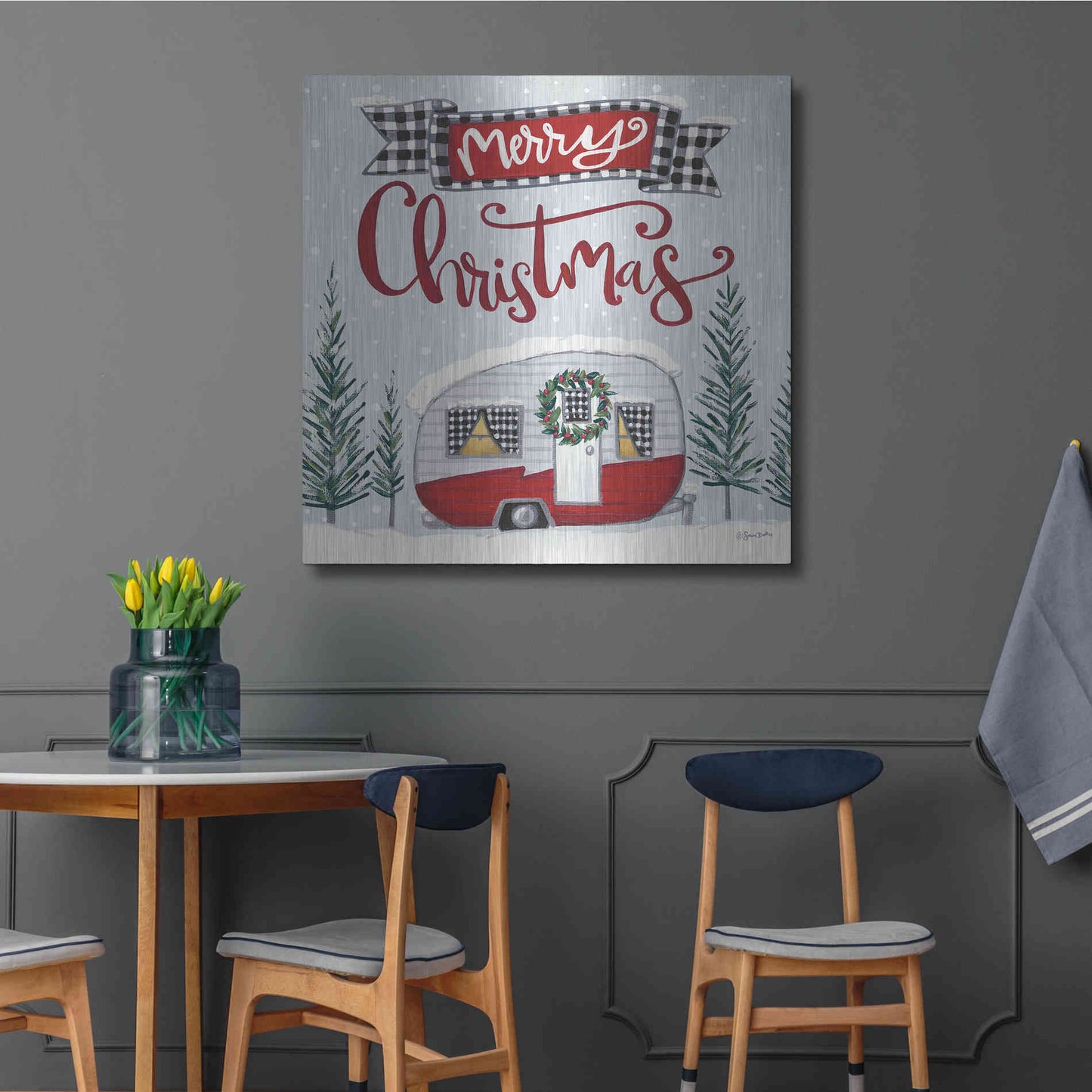 Luxe Metal Art 'Merry Christmas Camper' by Sara Baker, Metal Wall Art,36x36