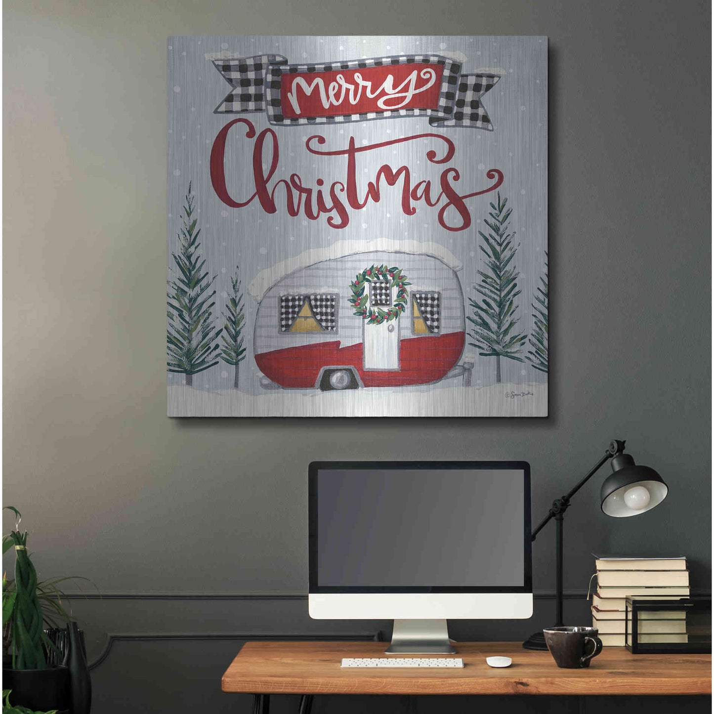 Luxe Metal Art 'Merry Christmas Camper' by Sara Baker, Metal Wall Art,36x36
