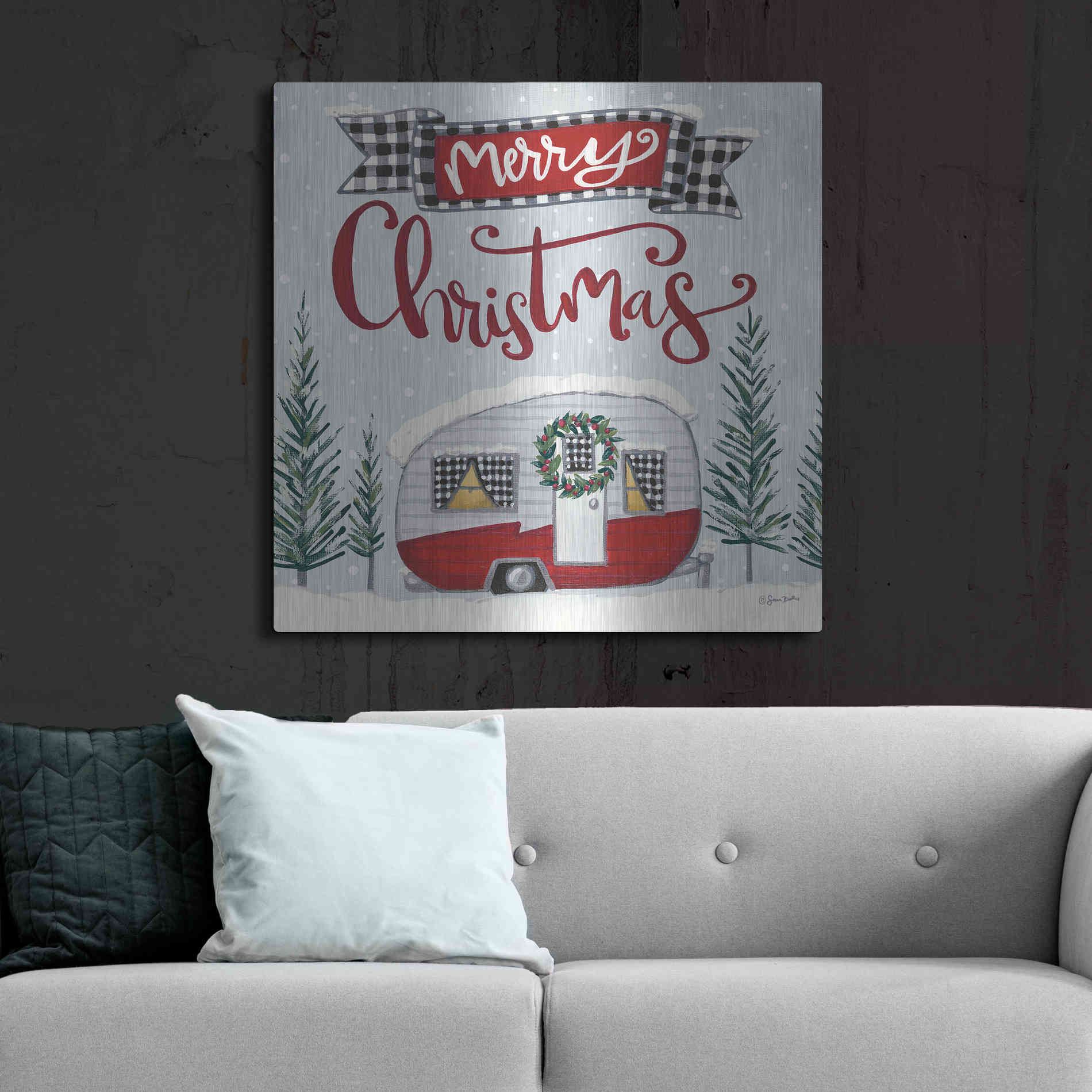 Luxe Metal Art 'Merry Christmas Camper' by Sara Baker, Metal Wall Art,36x36