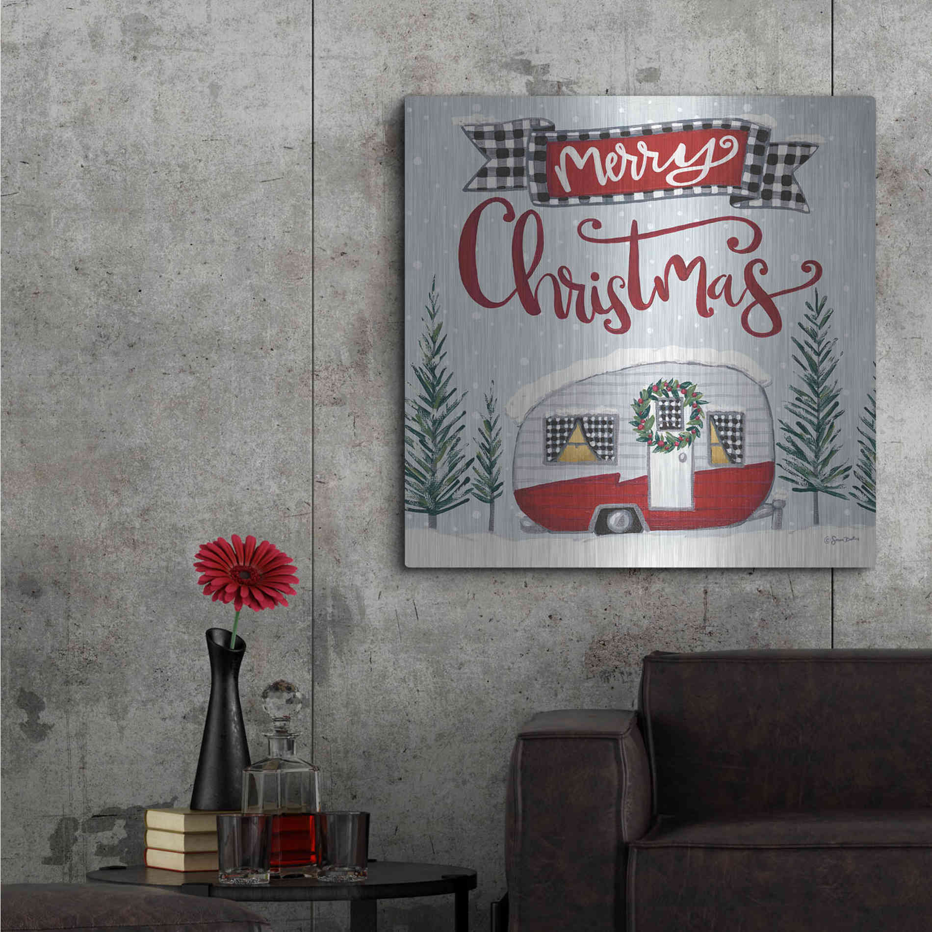 Luxe Metal Art 'Merry Christmas Camper' by Sara Baker, Metal Wall Art,36x36