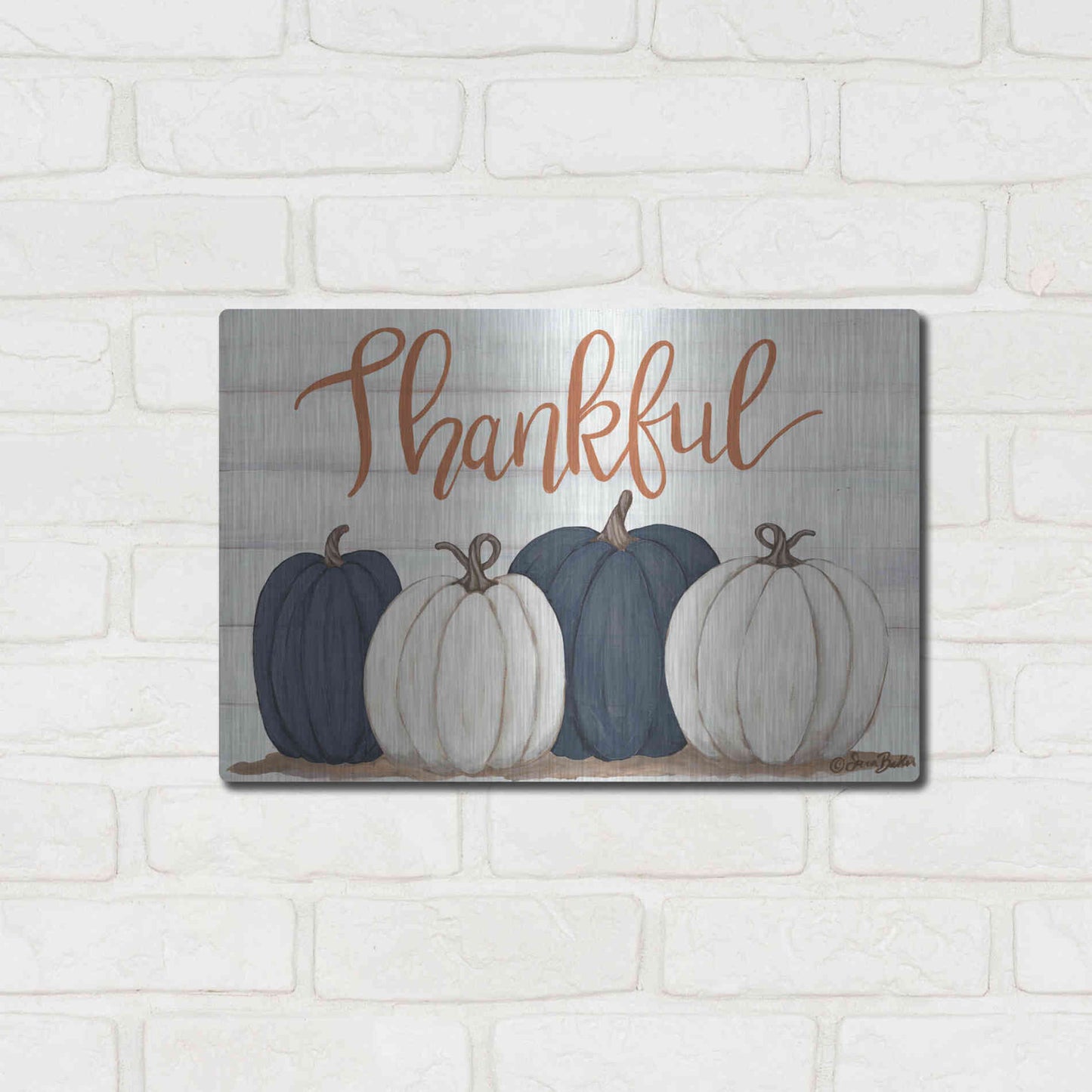 Luxe Metal Art 'Thankful Pumpkins 2' by Sara Baker, Metal Wall Art,16x12