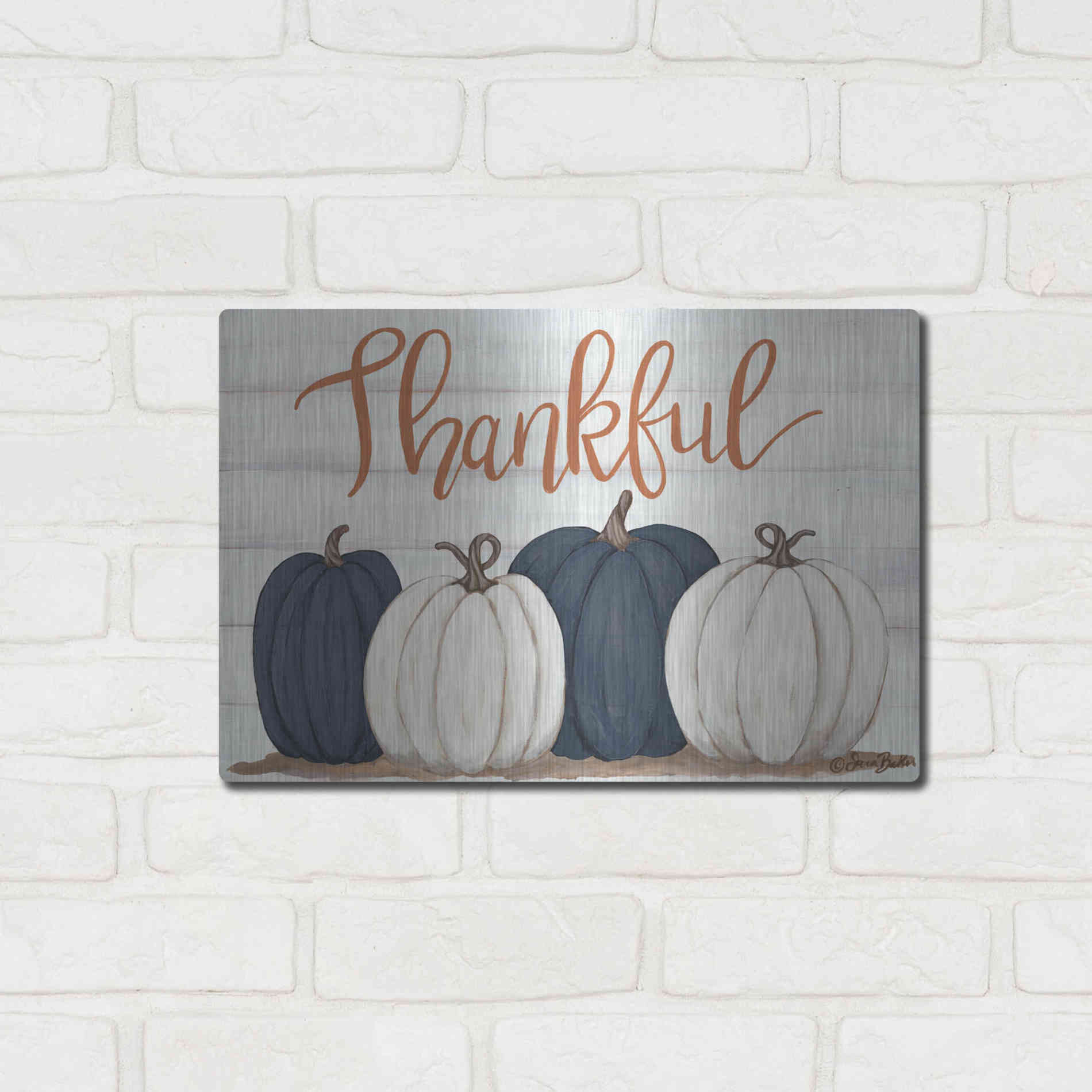 Luxe Metal Art 'Thankful Pumpkins 2' by Sara Baker, Metal Wall Art,16x12