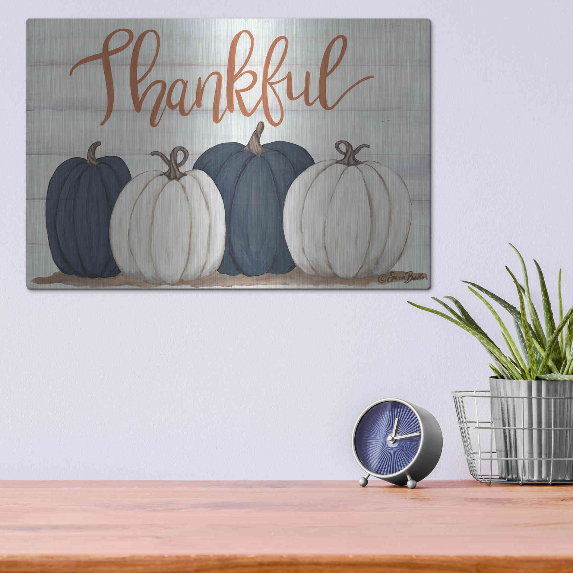 Luxe Metal Art 'Thankful Pumpkins 2' by Sara Baker, Metal Wall Art,16x12