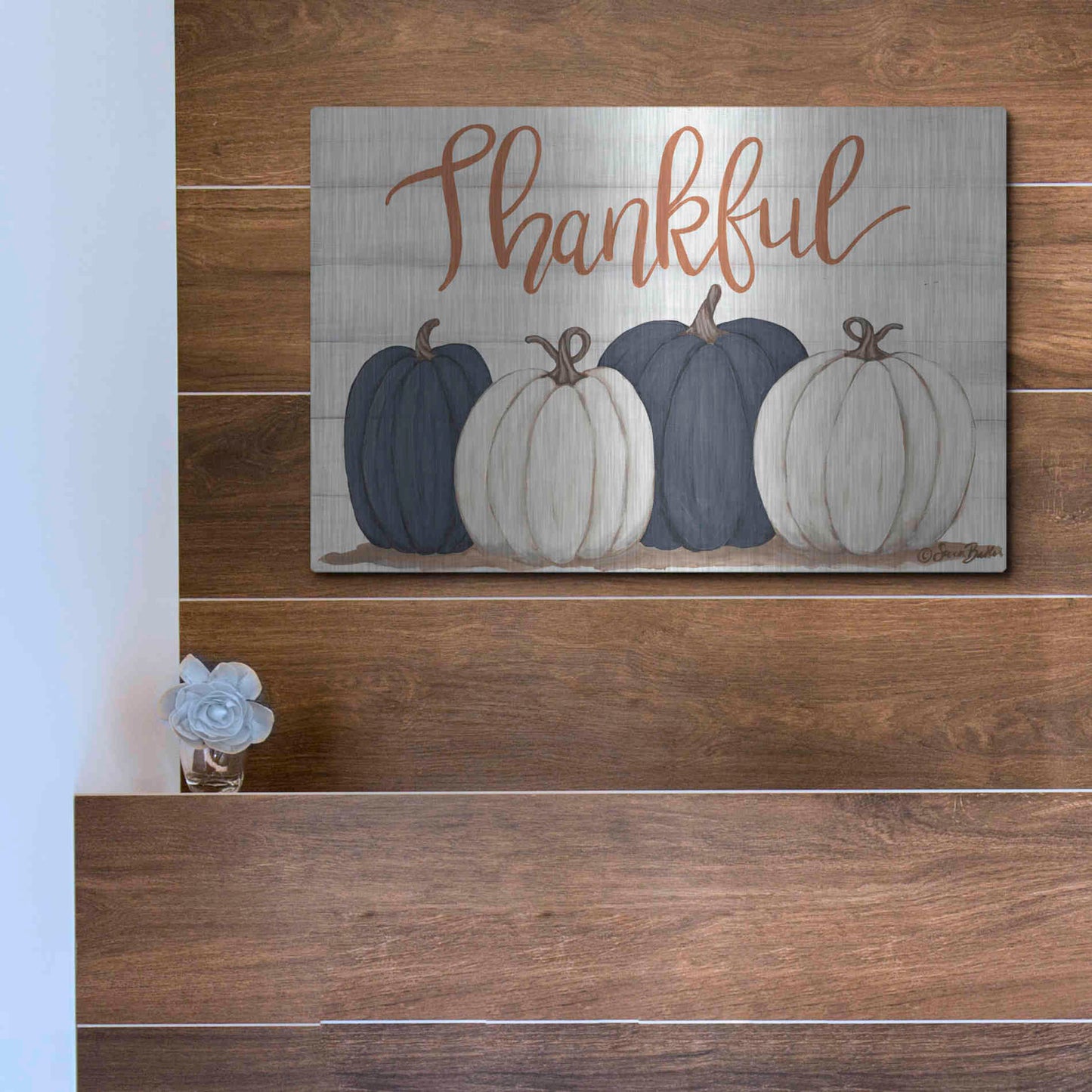 Luxe Metal Art 'Thankful Pumpkins 2' by Sara Baker, Metal Wall Art,16x12