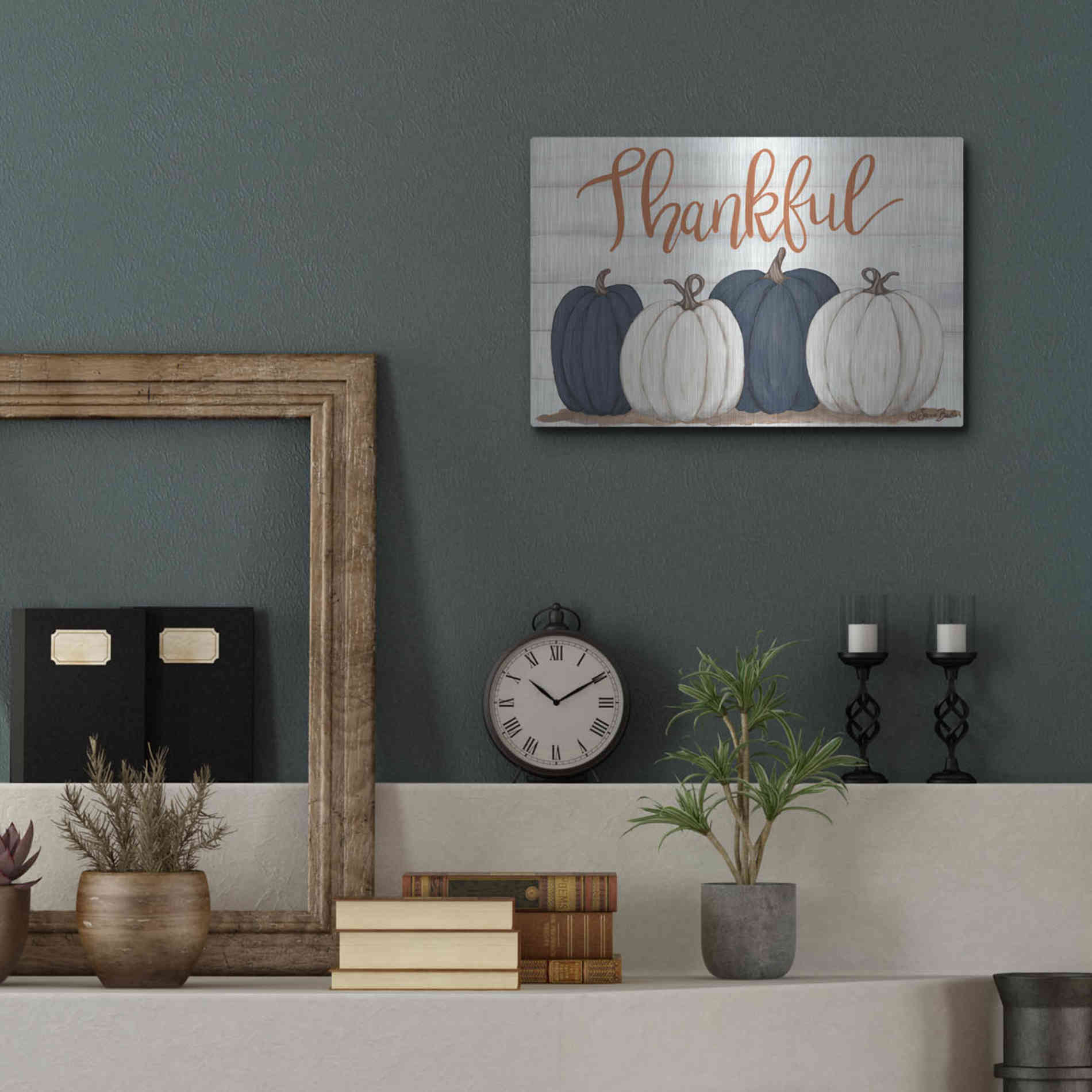 Luxe Metal Art 'Thankful Pumpkins 2' by Sara Baker, Metal Wall Art,16x12