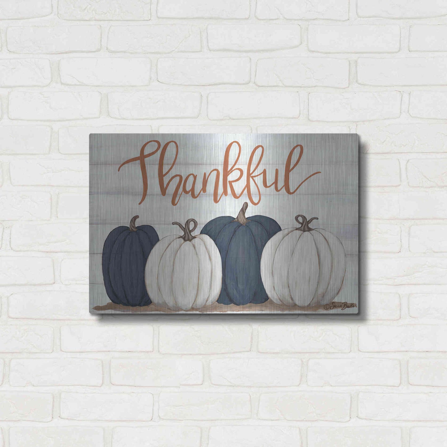 Luxe Metal Art 'Thankful Pumpkins 2' by Sara Baker, Metal Wall Art,24x16