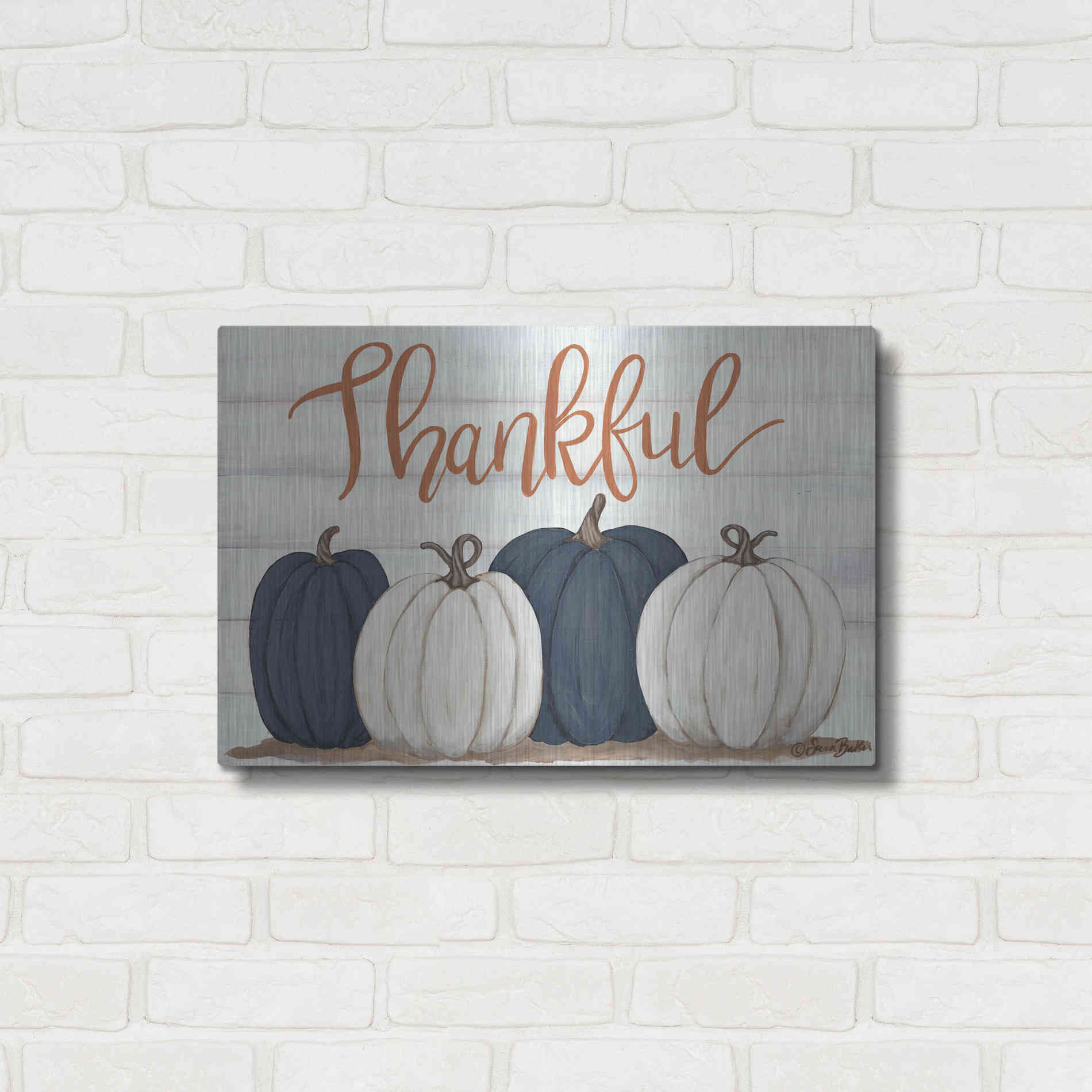 Luxe Metal Art 'Thankful Pumpkins 2' by Sara Baker, Metal Wall Art,24x16