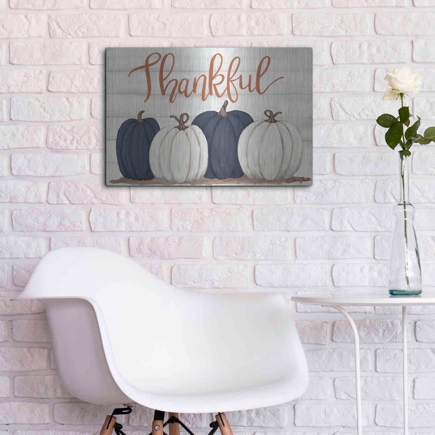 Luxe Metal Art 'Thankful Pumpkins 2' by Sara Baker, Metal Wall Art,24x16