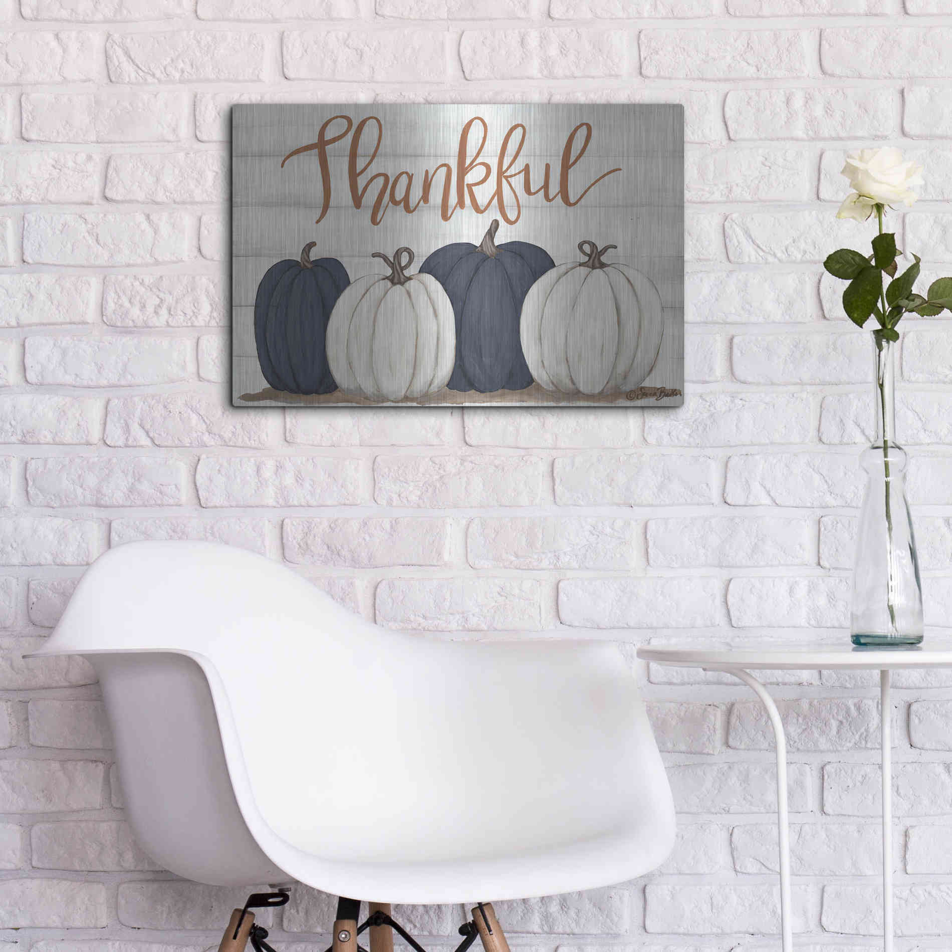 Luxe Metal Art 'Thankful Pumpkins 2' by Sara Baker, Metal Wall Art,24x16