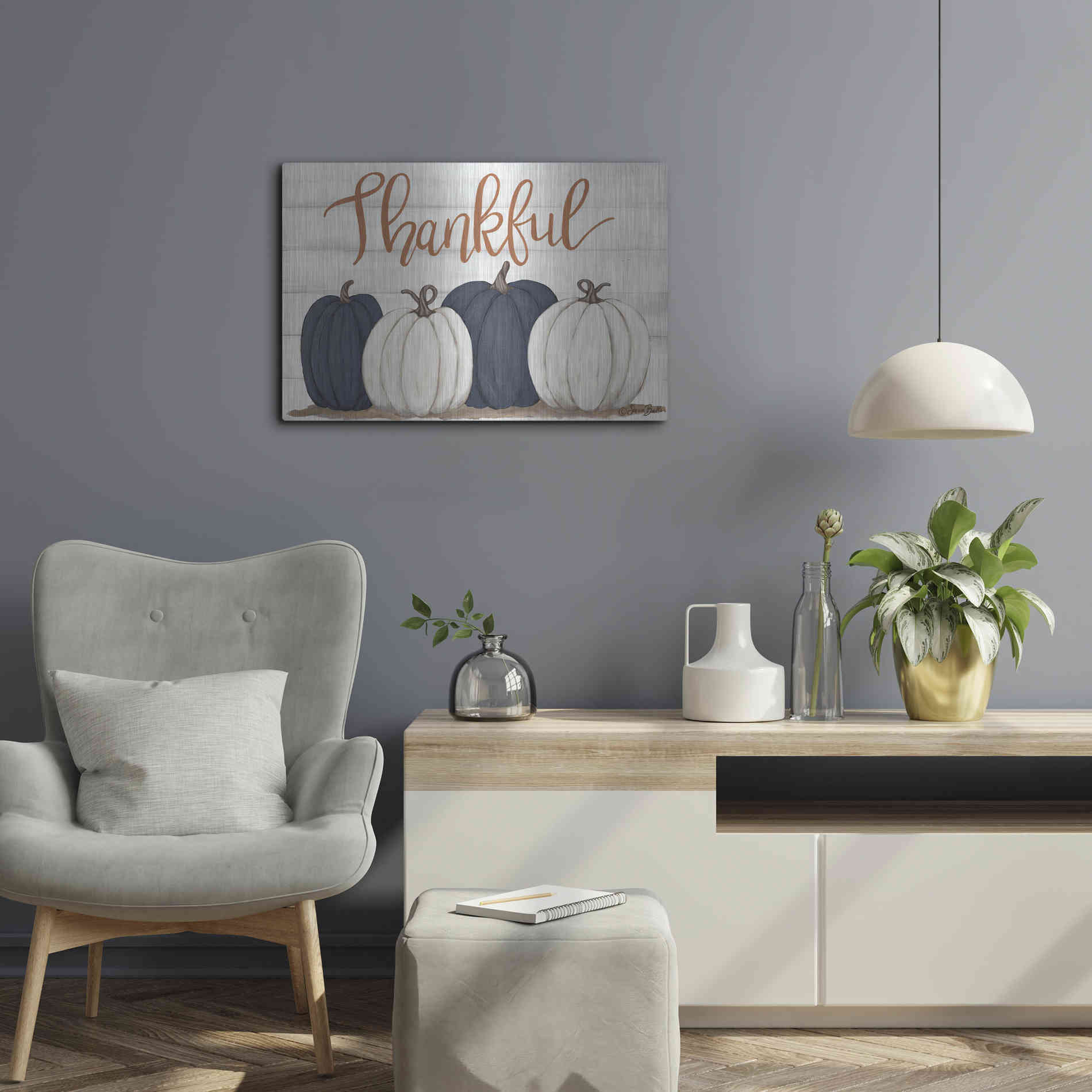 Luxe Metal Art 'Thankful Pumpkins 2' by Sara Baker, Metal Wall Art,24x16