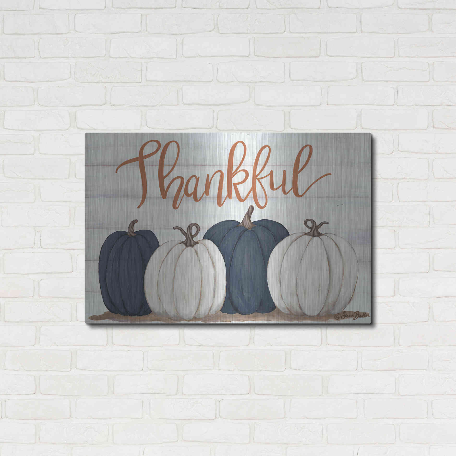 Luxe Metal Art 'Thankful Pumpkins 2' by Sara Baker, Metal Wall Art,36x24