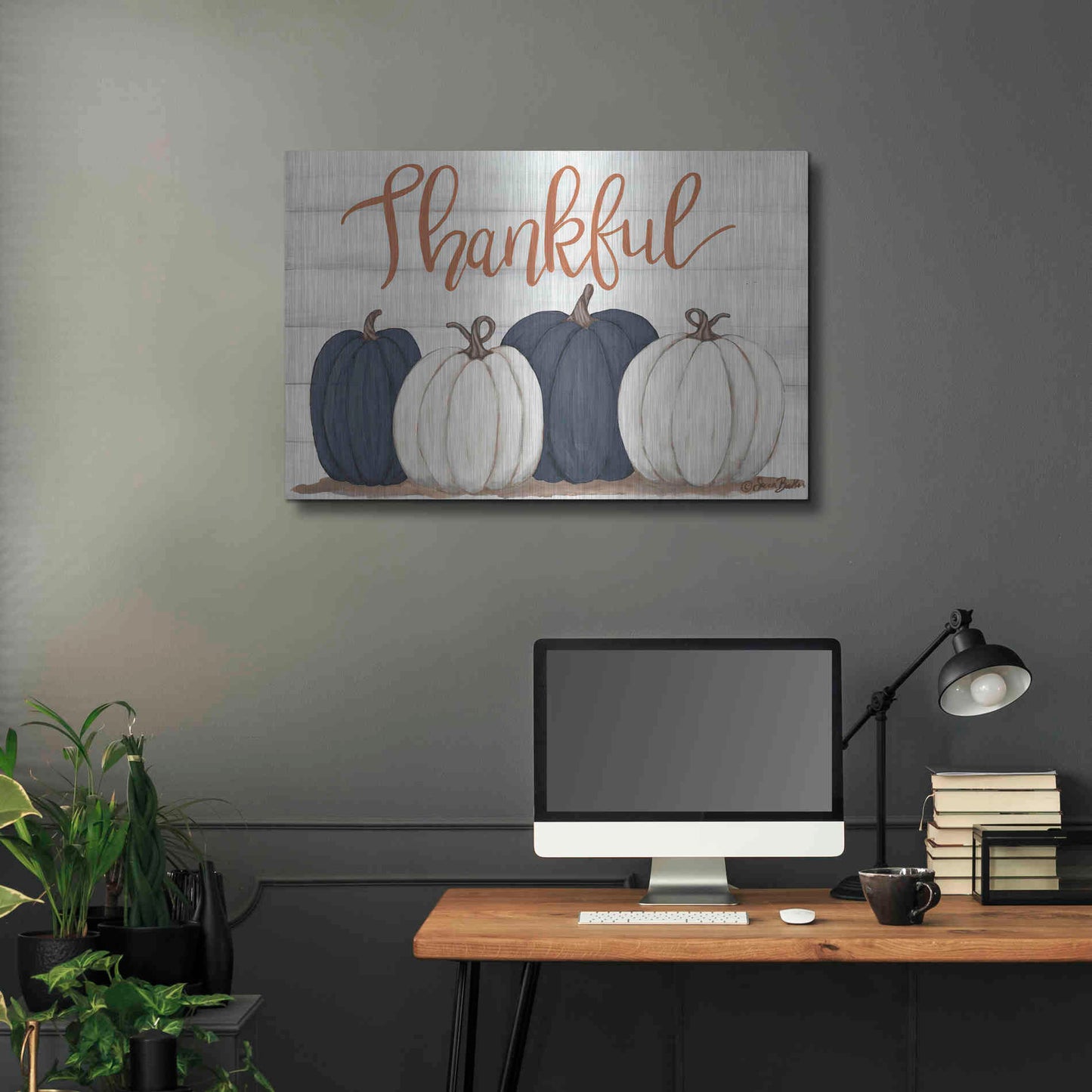 Luxe Metal Art 'Thankful Pumpkins 2' by Sara Baker, Metal Wall Art,36x24
