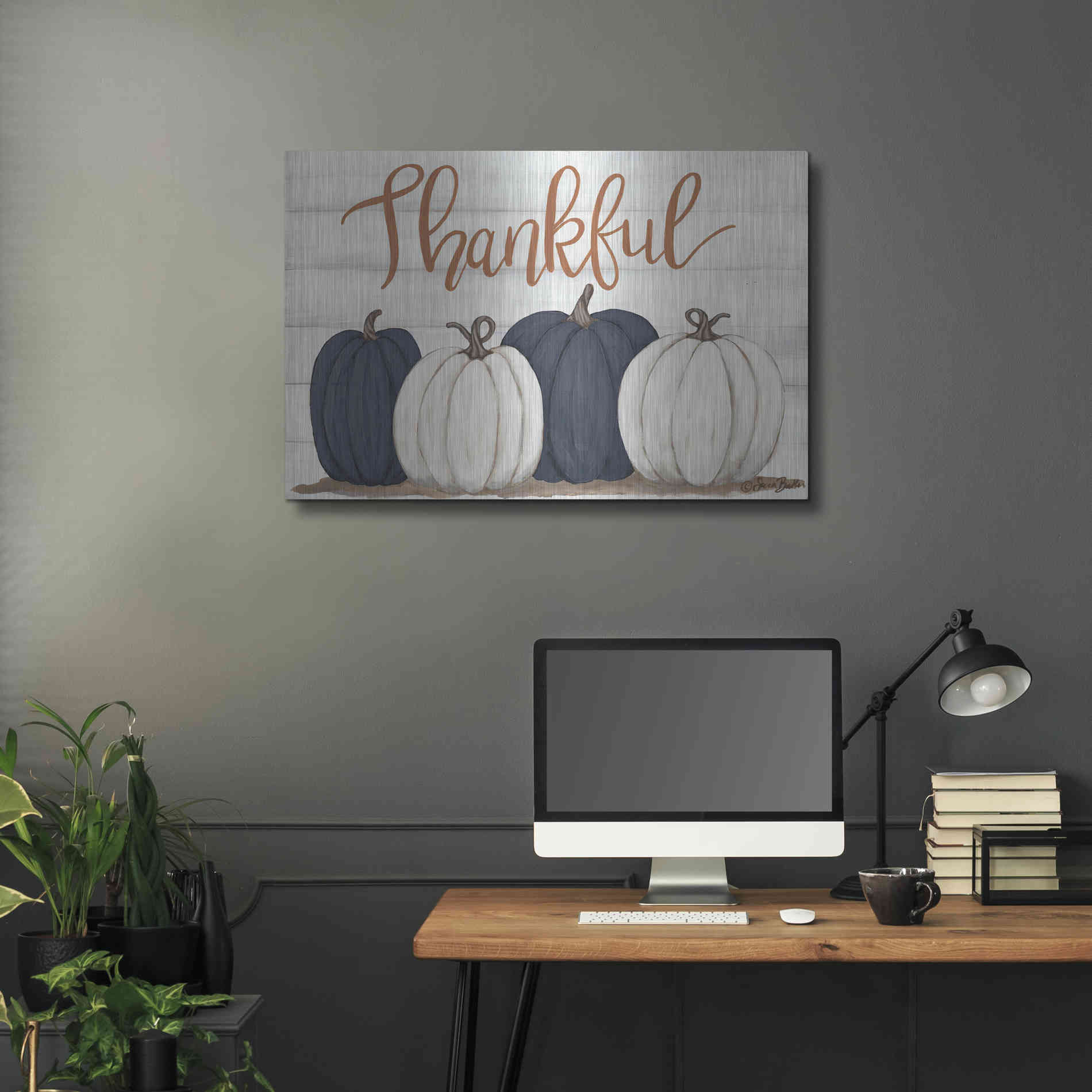 Luxe Metal Art 'Thankful Pumpkins 2' by Sara Baker, Metal Wall Art,36x24