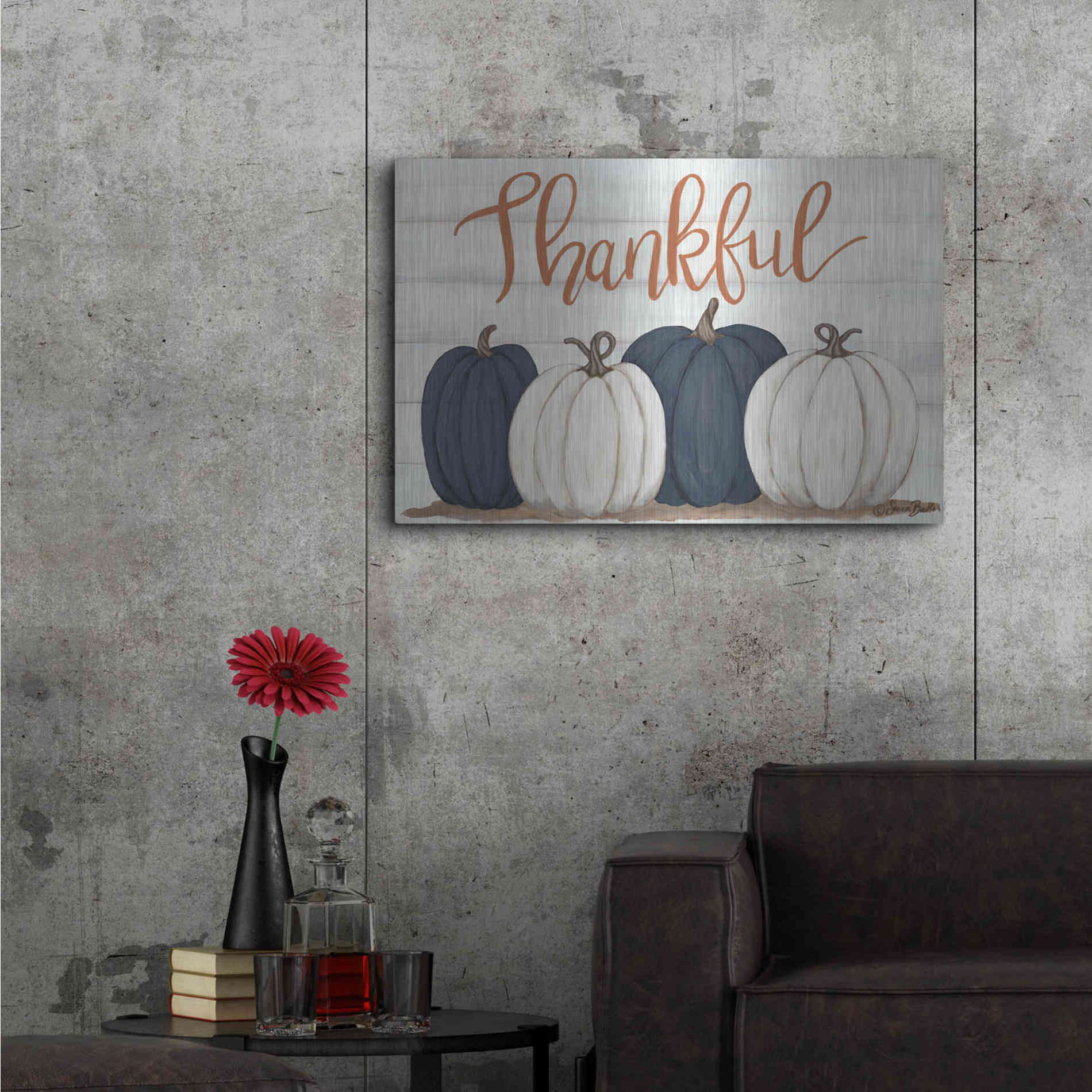 Luxe Metal Art 'Thankful Pumpkins 2' by Sara Baker, Metal Wall Art,36x24