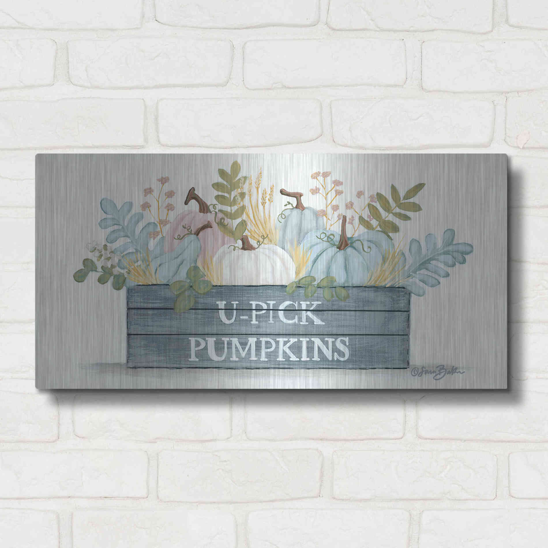 Luxe Metal Art 'U-Pick Pumpkins' by Sara Baker, Metal Wall Art,24x12