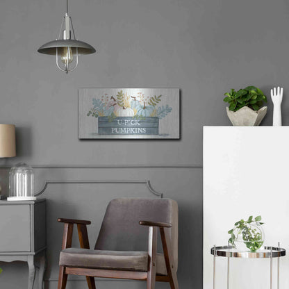 Luxe Metal Art 'U-Pick Pumpkins' by Sara Baker, Metal Wall Art,24x12