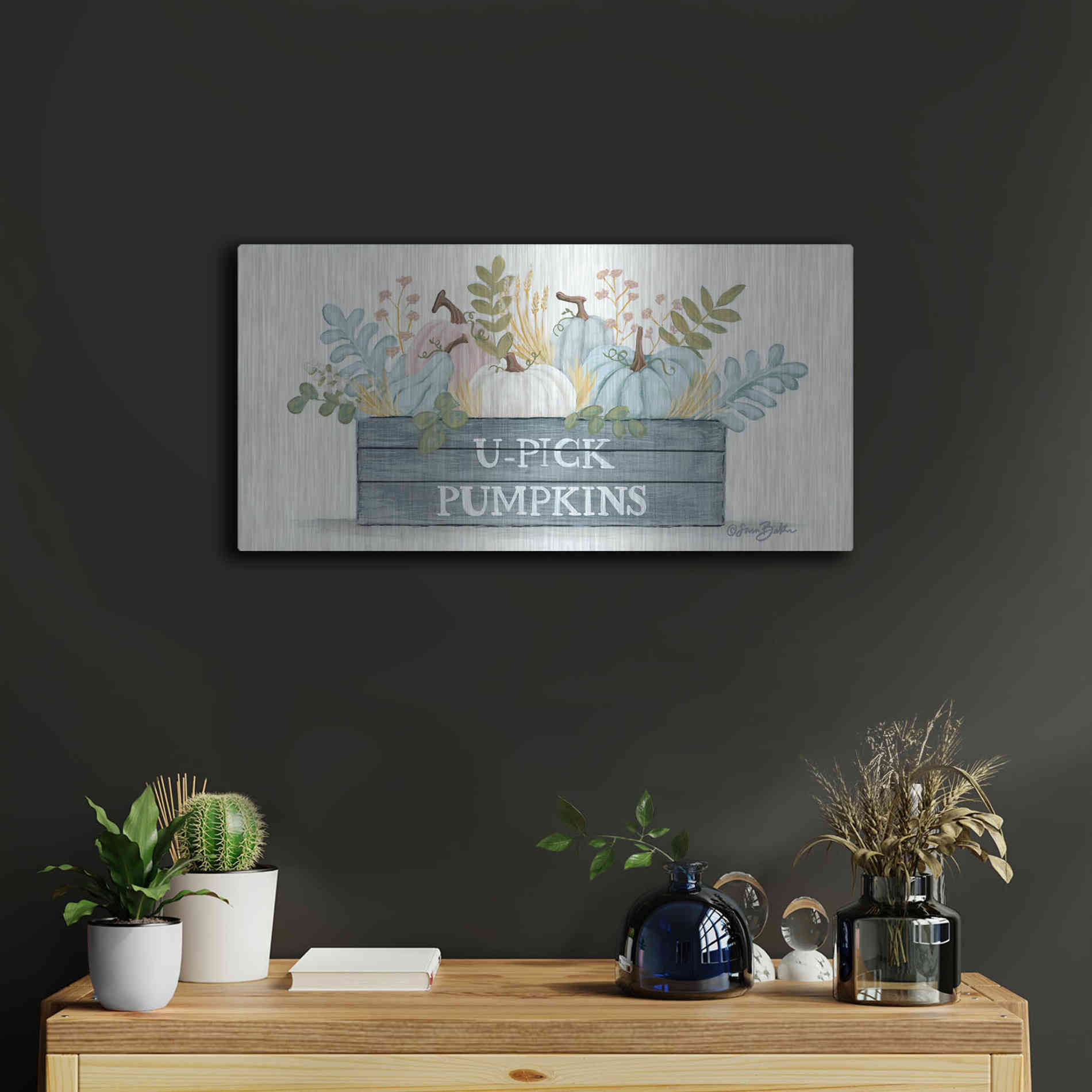 Luxe Metal Art 'U-Pick Pumpkins' by Sara Baker, Metal Wall Art,24x12