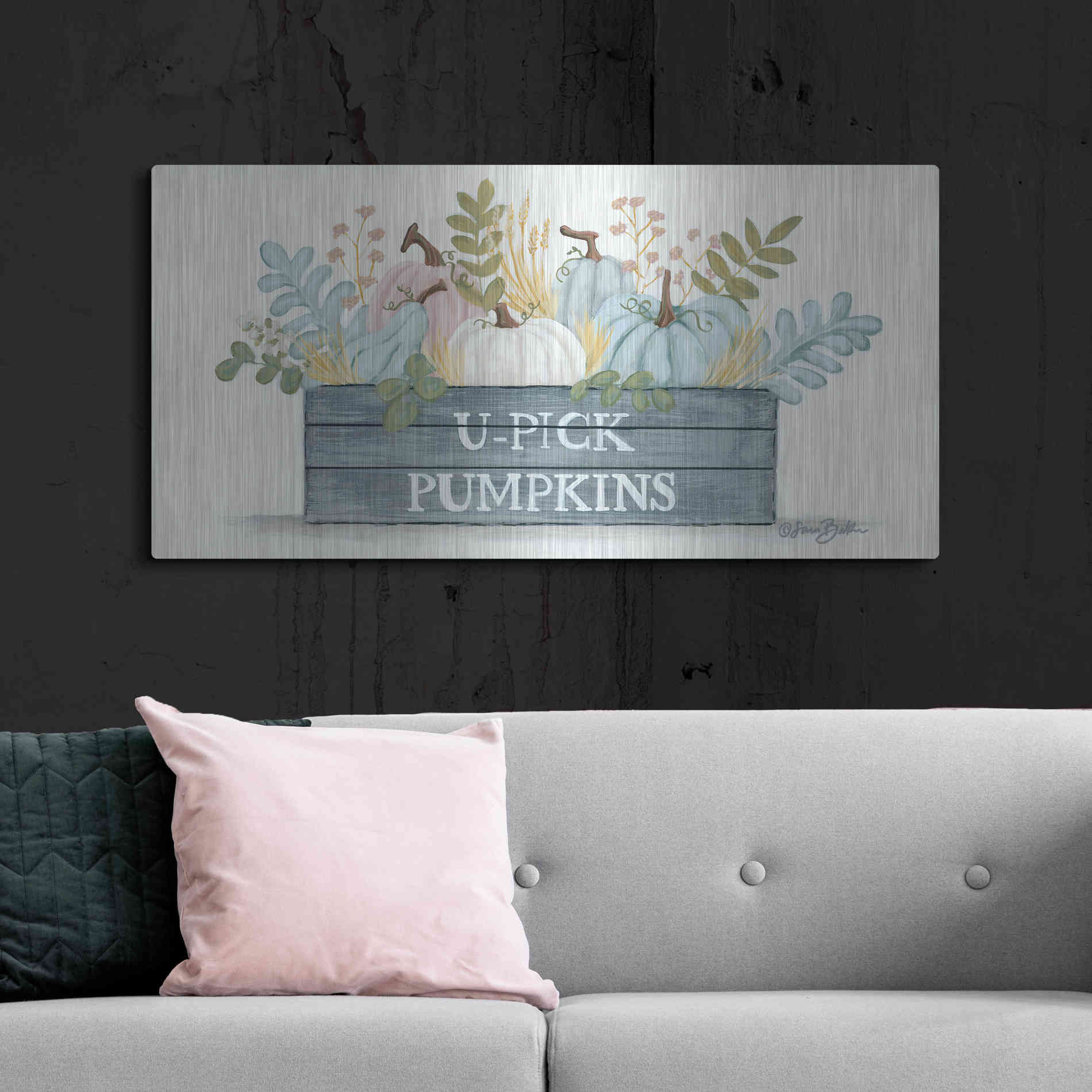 Luxe Metal Art 'U-Pick Pumpkins' by Sara Baker, Metal Wall Art,48x24