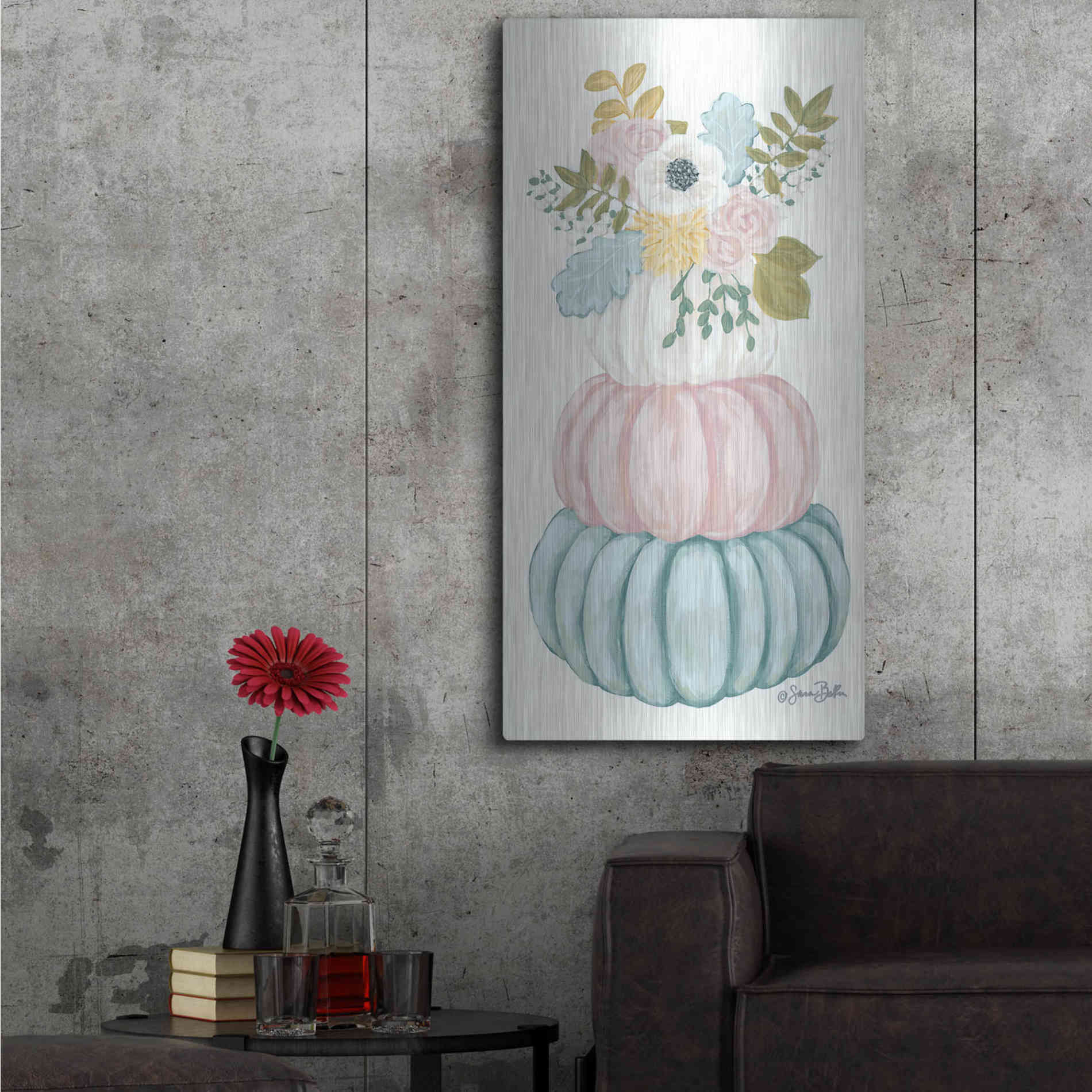 Luxe Metal Art 'Floral Pumpkins' by Sara Baker, Metal Wall Art,24x48