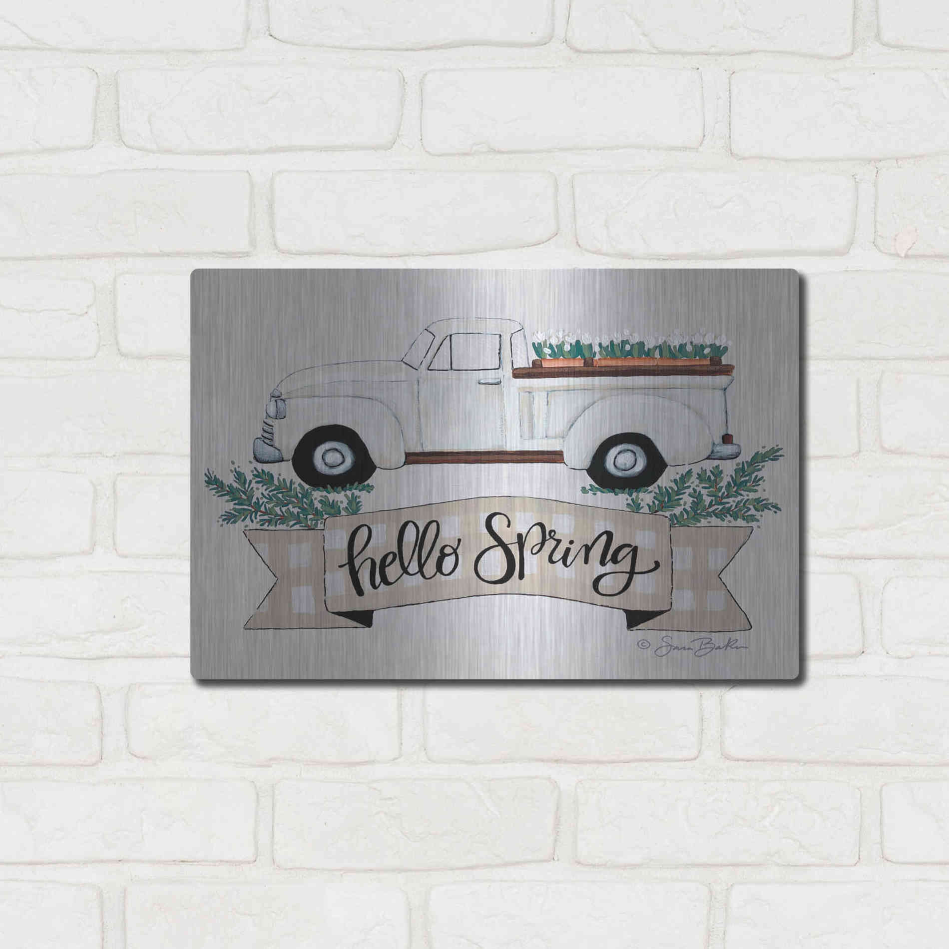 Luxe Metal Art 'Hello Spring Tulip Truck' by Sara Baker, Metal Wall Art,16x12