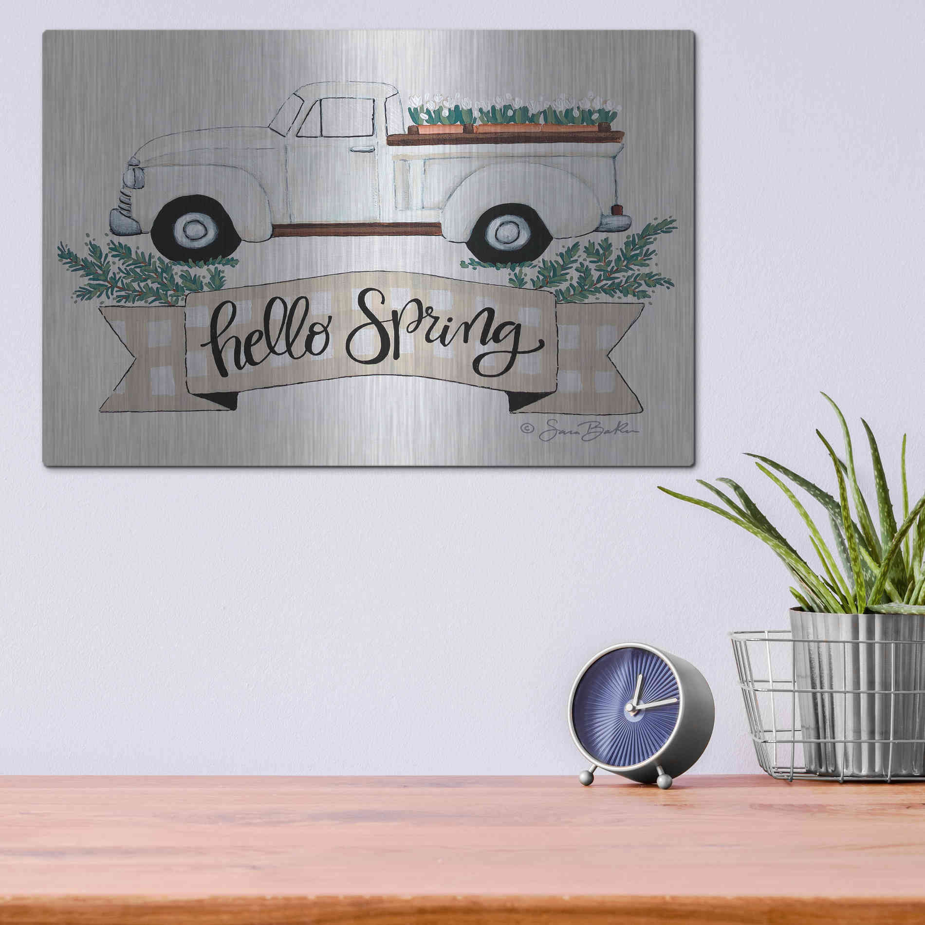 Luxe Metal Art 'Hello Spring Tulip Truck' by Sara Baker, Metal Wall Art,16x12