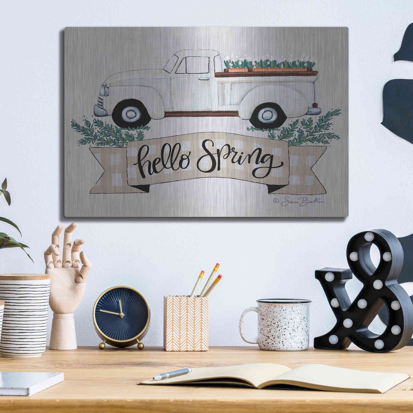 Luxe Metal Art 'Hello Spring Tulip Truck' by Sara Baker, Metal Wall Art,16x12